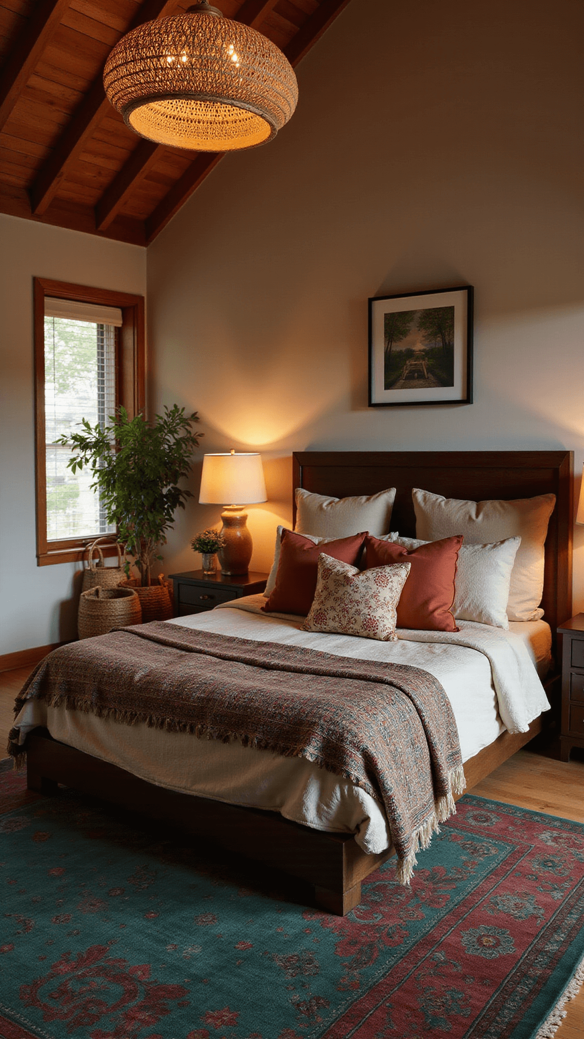 Boho bedroom at dusk with warm lighting, overdyed Persian rug, tribal textiles, and copper accents.