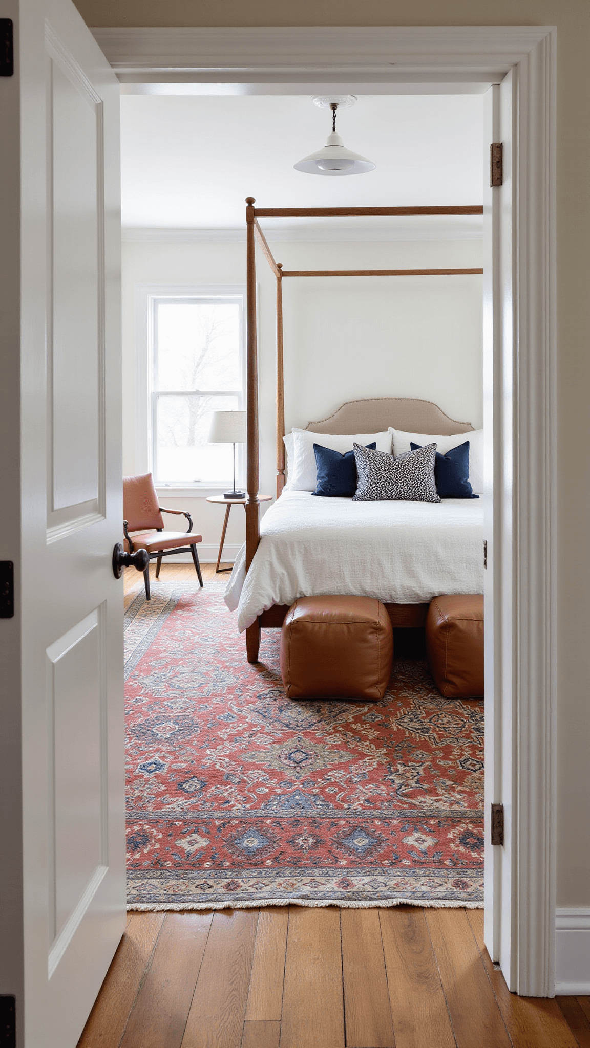 Light-filled master bedroom with a centered Turkish rug in terracotta, navy, and cream under a canopy bed, featuring kilim pillows, leather poufs, and soft natural light highlighting textile textures.