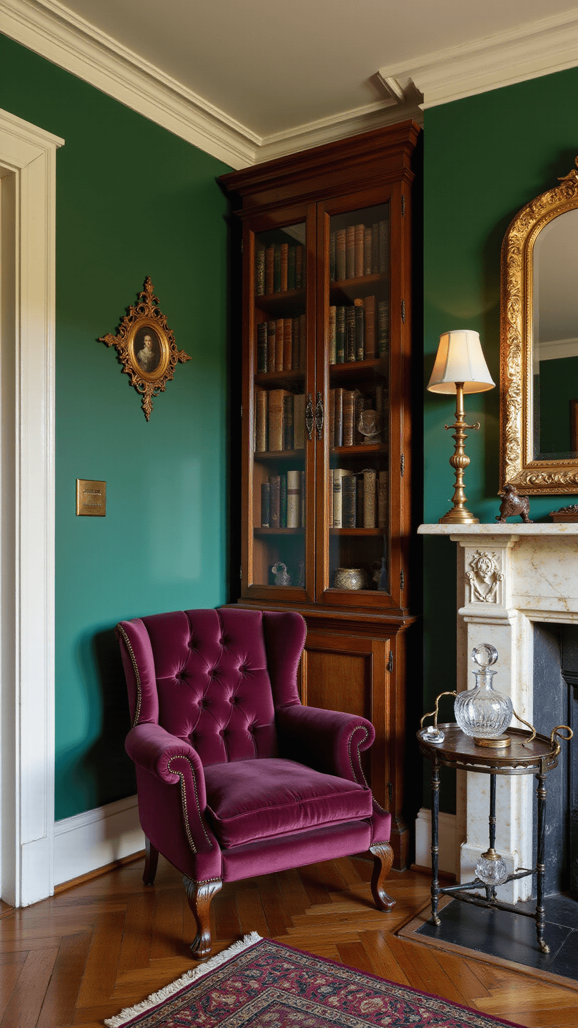 Victorian-style library corner with antique bookcase, plum velvet chair, marble fireplace, and rich decor in forest green room at golden hour.