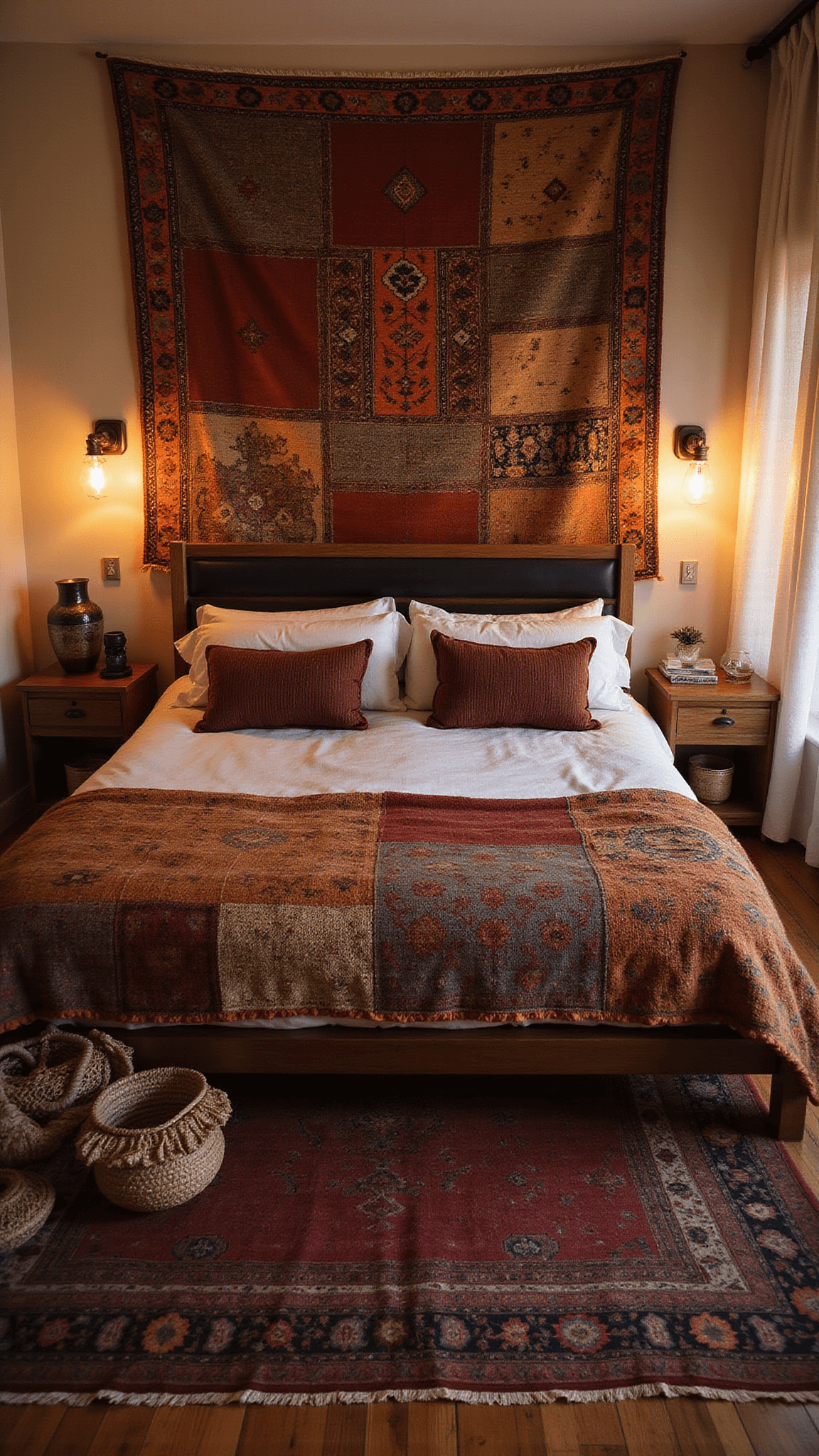 Bird’s-eye view of a cozy 10x12ft guest bedroom at twilight with overlapping vintage Kilim rugs in earth tones, a low wooden bed with layered bedding, warm brass sconces, and decorative baskets and ceramics.