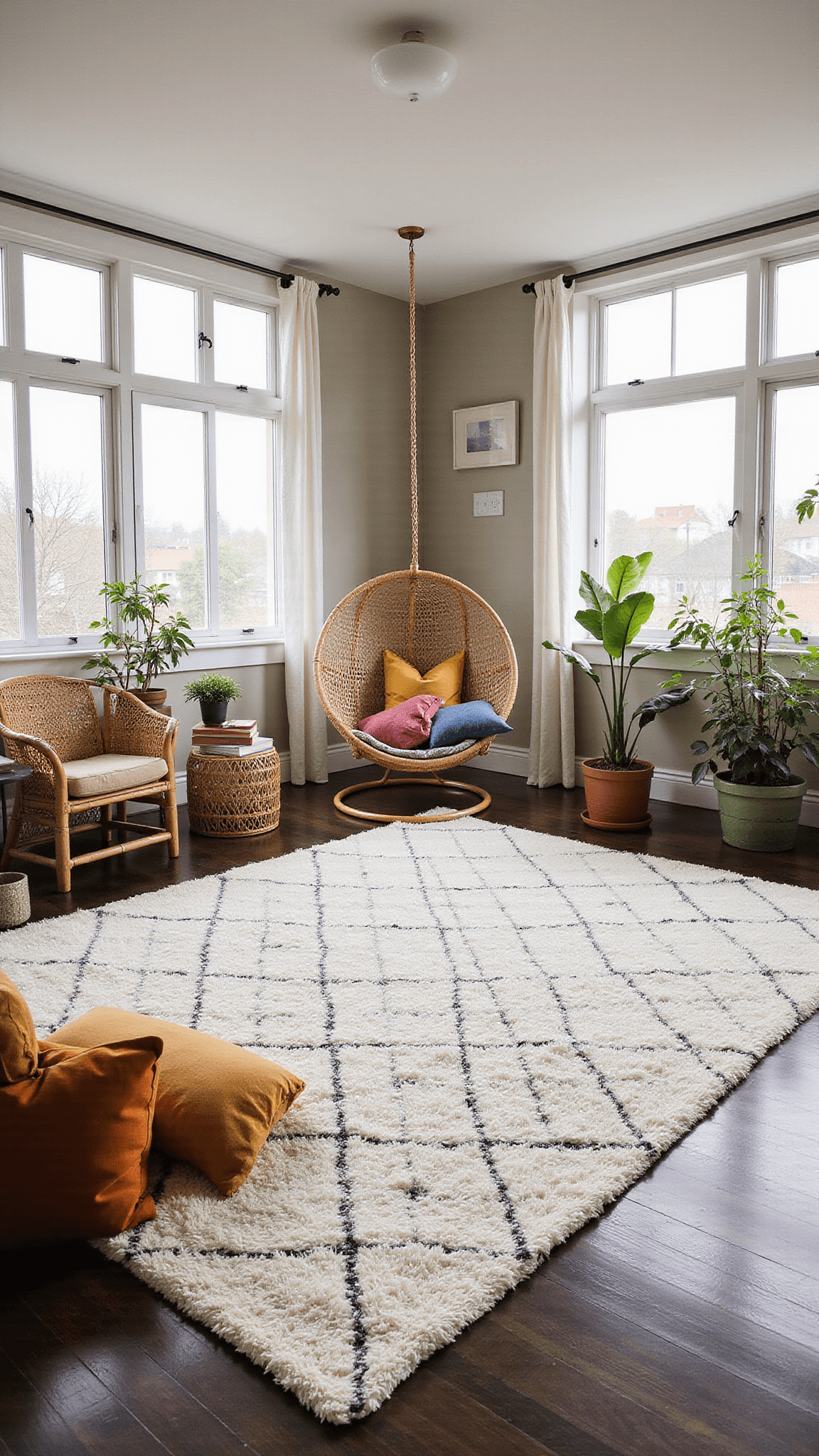 Airy 16x16ft bedroom with floor-to-ceiling windows, large ivory and charcoal Moroccan rug on dark hardwood floors, rattan furniture, hanging chair, jewel-toned pillows, and trailing plants in soft morning light.