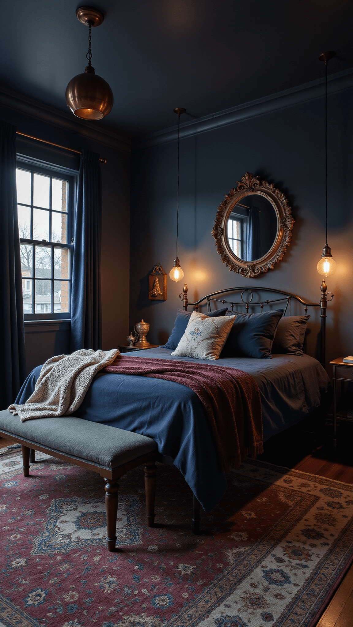 Moody 13x15ft bedroom at blue hour with distressed Persian rug, iron bed frame, copper pendant lights, velvet pillows, chunky knit throw, and vintage mirrors reflecting warm light.
