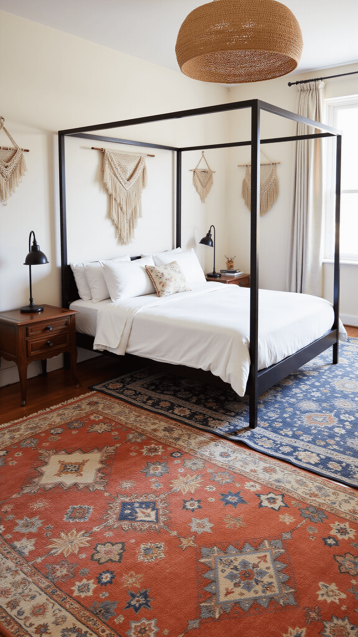 Sunlit corner bedroom with layered vintage Turkish rugs, modern four-poster bed, antique side tables, and textured macramé and woven decor casting intricate shadows.