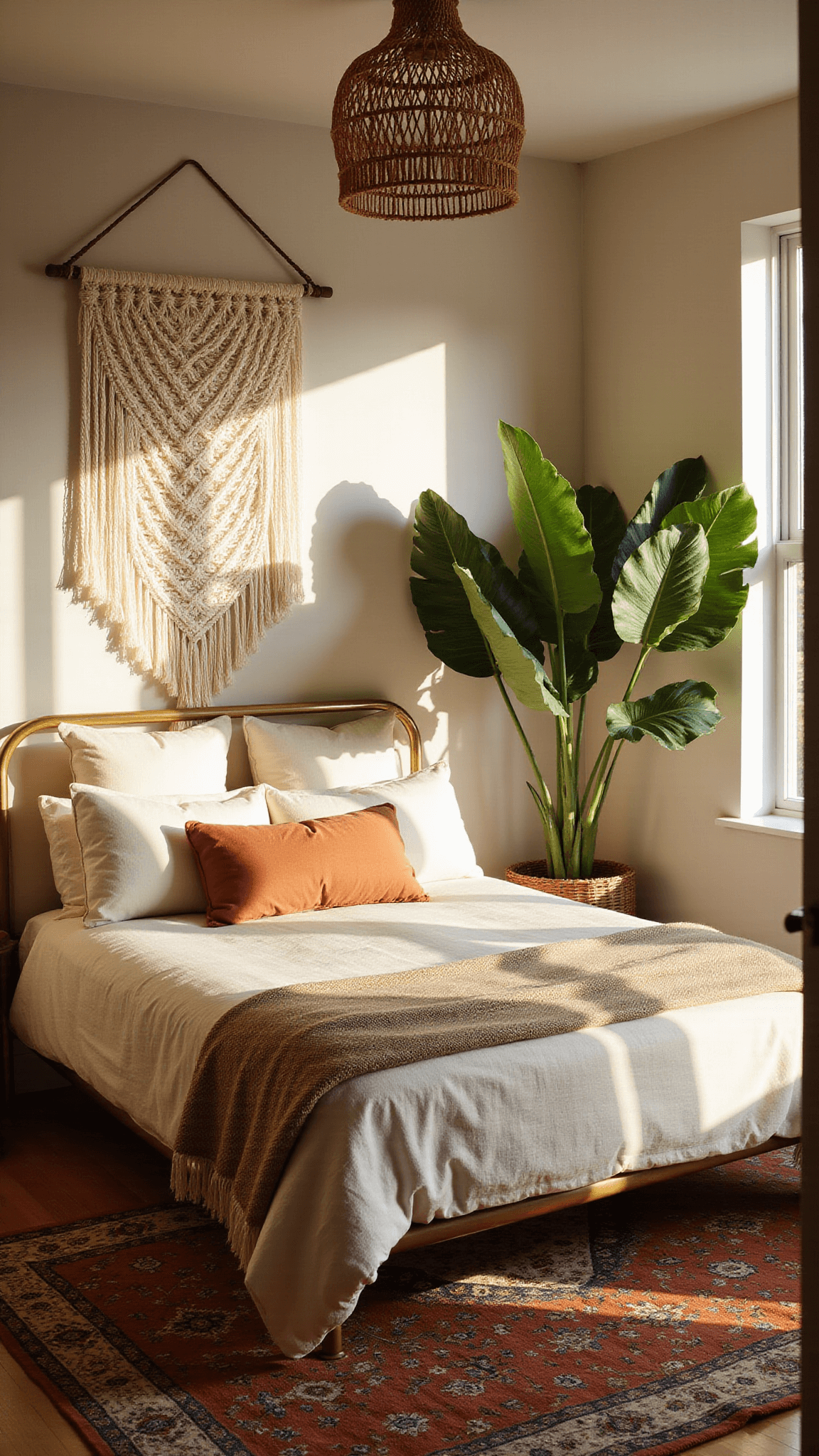 Boho bedroom with brass queen bed, linen bedding, macramé wall art, vintage rug, and fiddle leaf fig bathed in golden hour light.