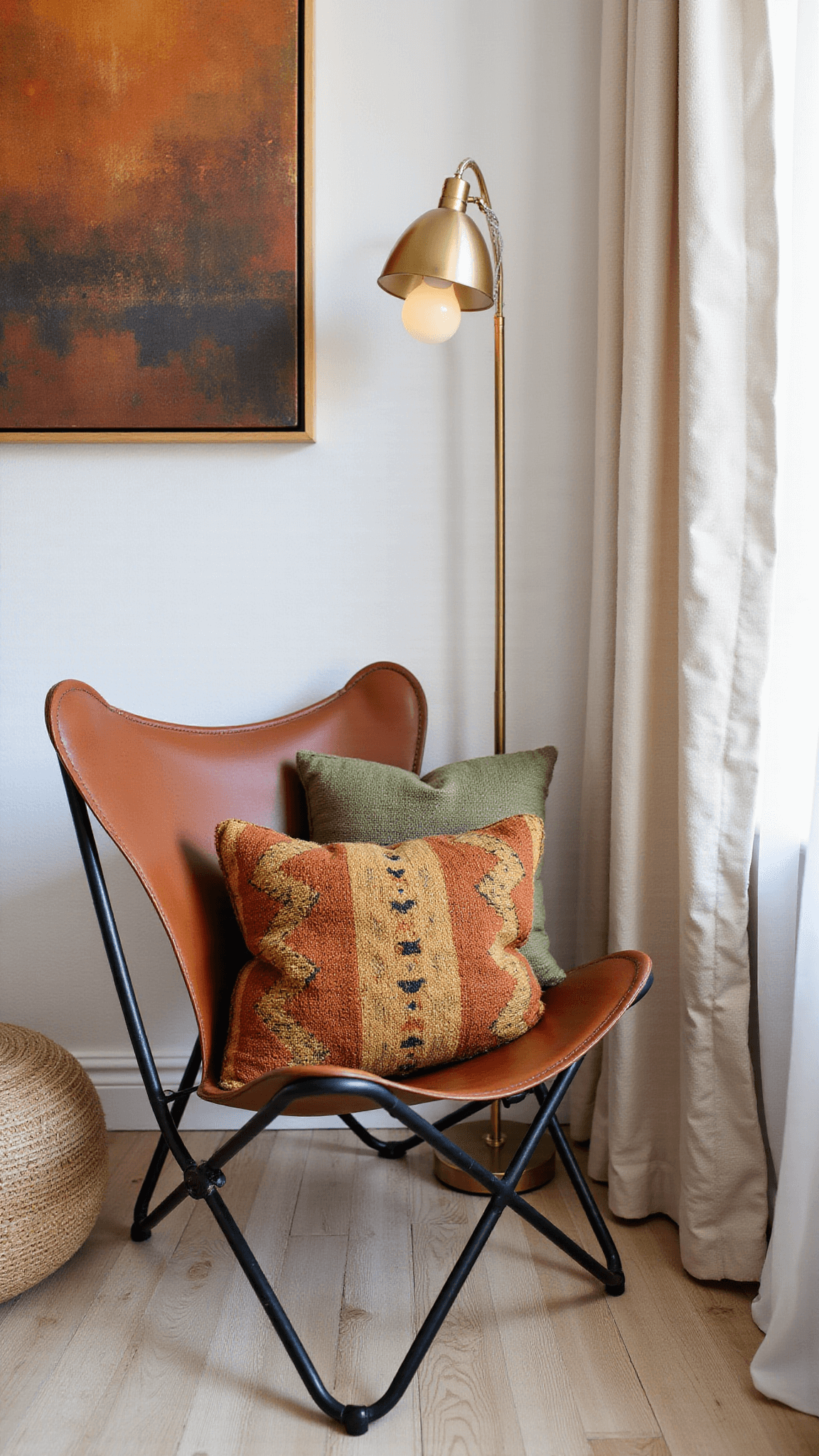 Boho reading nook with leather butterfly chair, jute pouf, kilim pillows, abstract art, and brass lamp in soft morning light.
