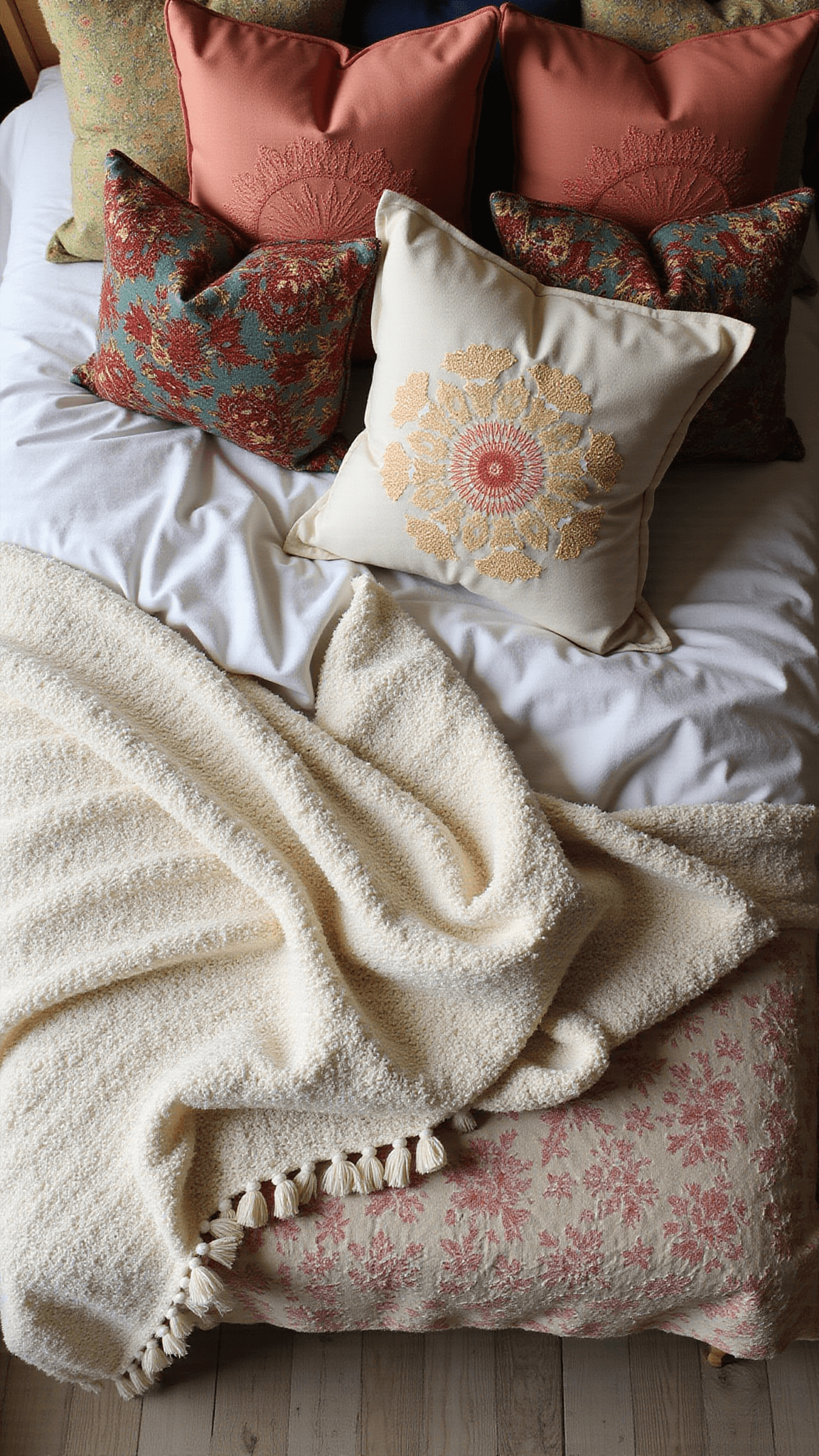 Overhead view of textured queen bed with layered textiles, including ivory knit throw, jewel-toned silk pillows, tasseled cushions, hand-blocked quilt, and partial wooden beaded chandelier in soft morning light.