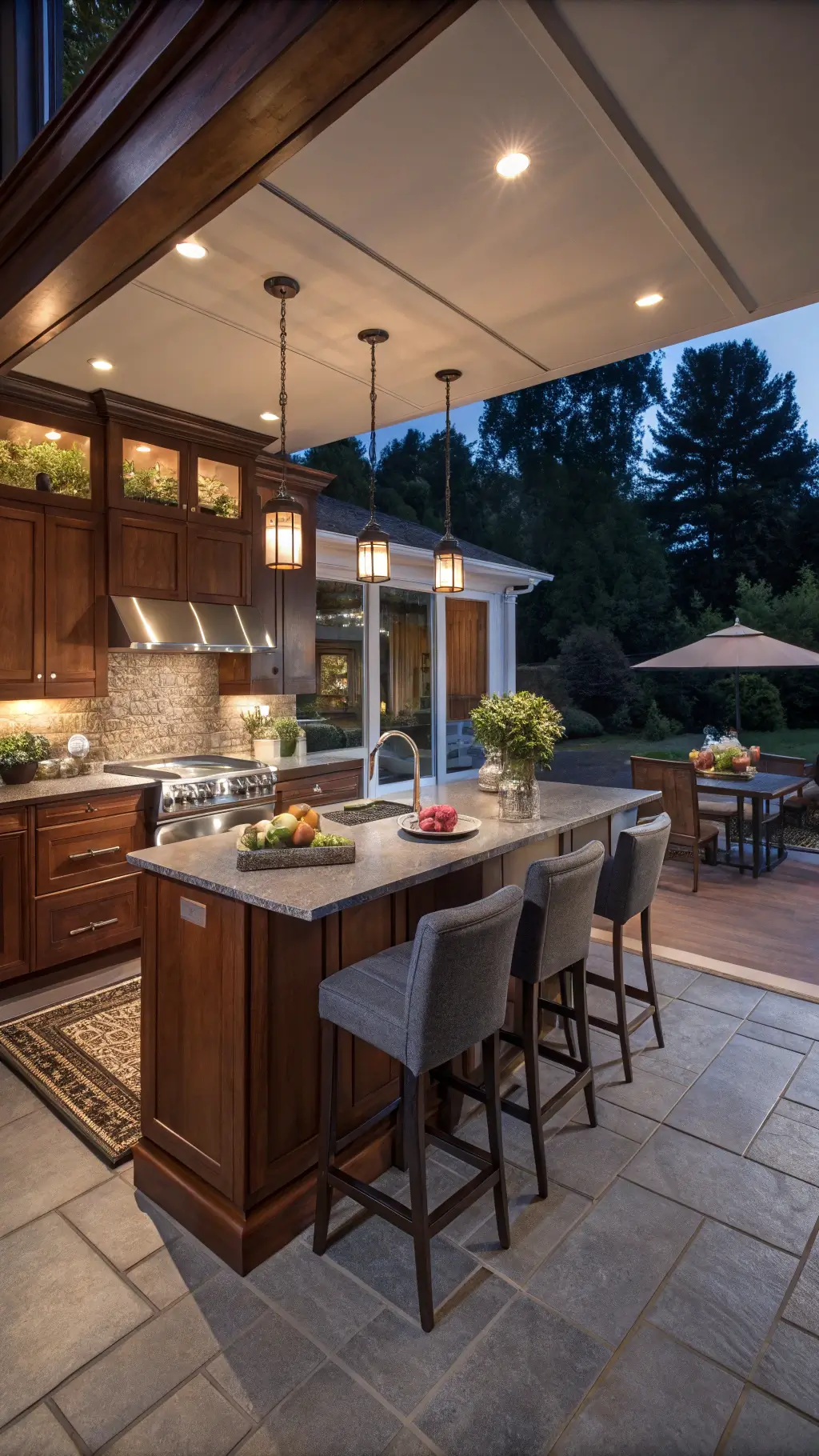 Twilight-lit transitional cherry kitchen with shaker-style cabinets, gray leather barstools, metallic accents, and dining flow, styled with cutting boards, pottery, and greenery.