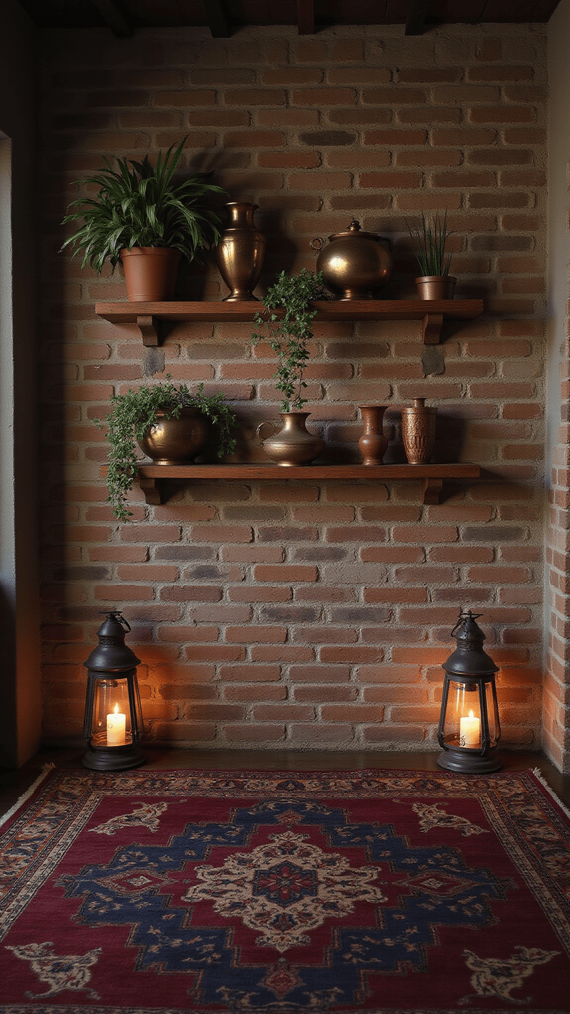 Exposed brick accent wall with global artifacts on reclaimed wood shelves, brass vessels, clay pottery, trailing plants, and flickering candlelight; vintage Moroccan rug in rich tones completes the moody, textured scene.