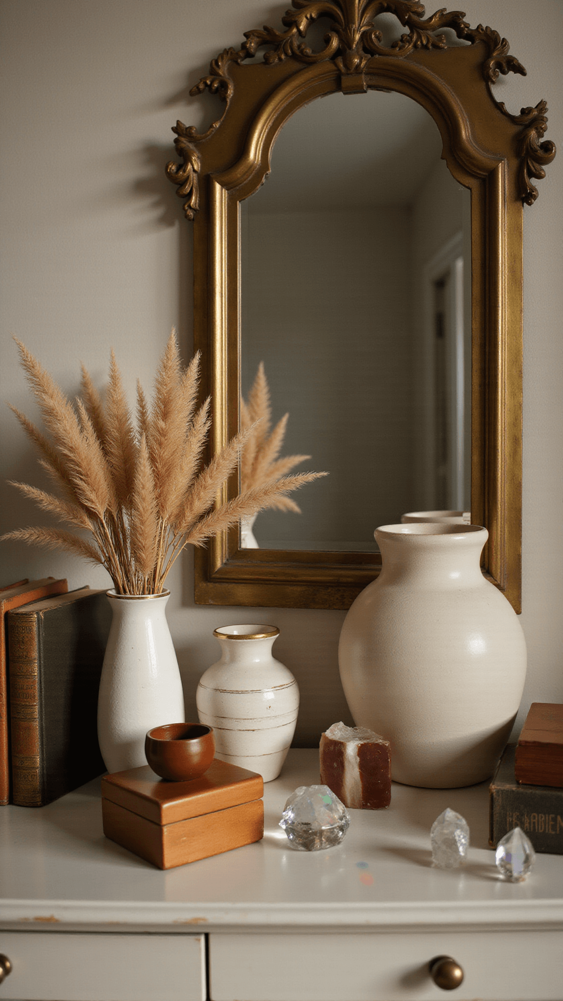 Close-up of sunlit dresser vignette with brass mirror, ceramic vessels, pampas grass, vintage books, wooden boxes, and crystal prisms casting rainbows.