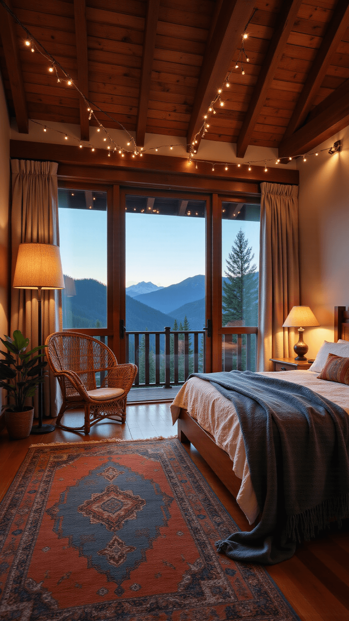 Boho bedroom at twilight with string lights, mountain view through linen drapes, rattan peacock chair, and layered vintage rugs.