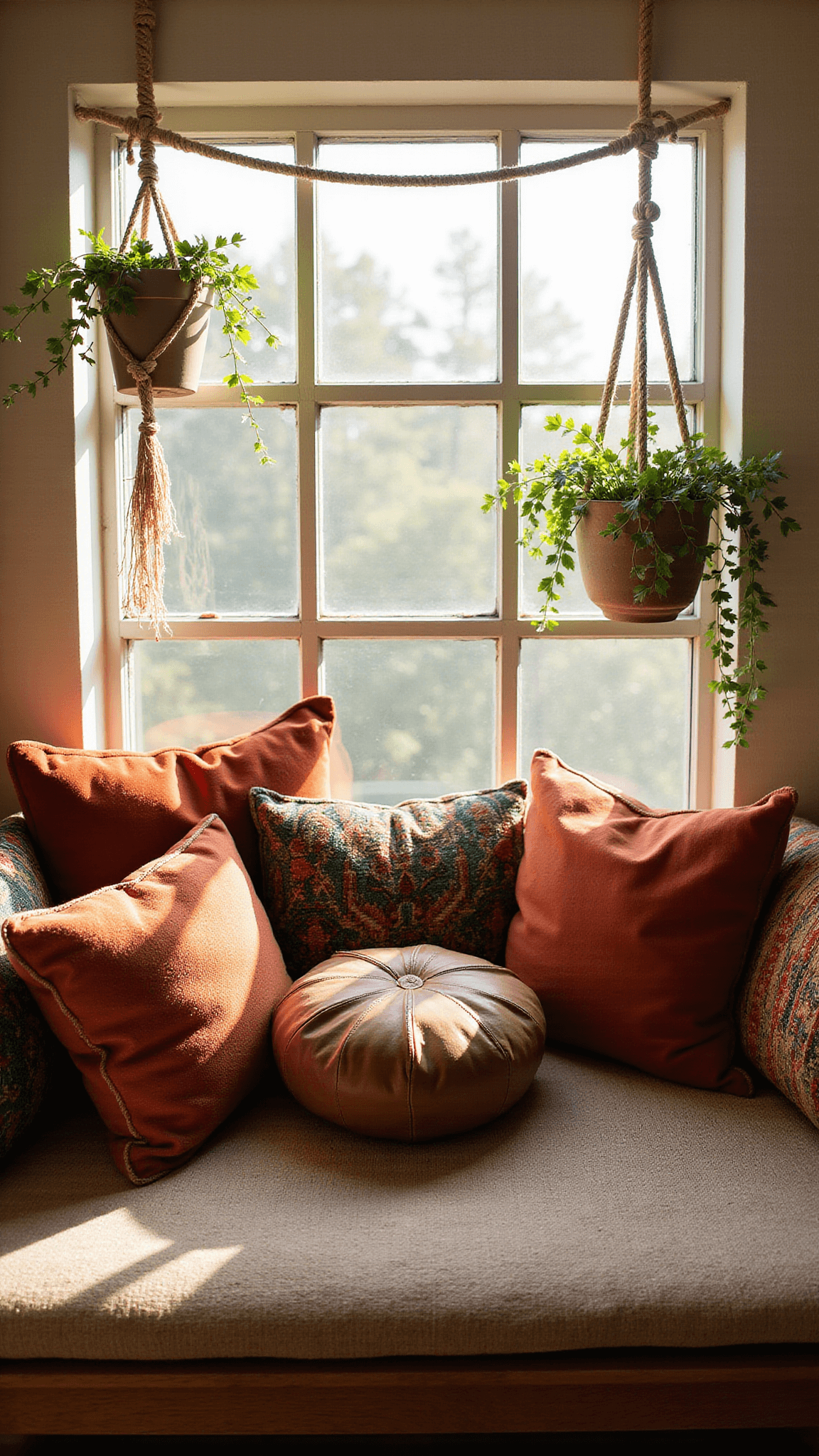 Cozy window seat nook in golden morning light with velvet and silk pillows, Moroccan leather pouf, hanging pothos plants, and vintage textiles.