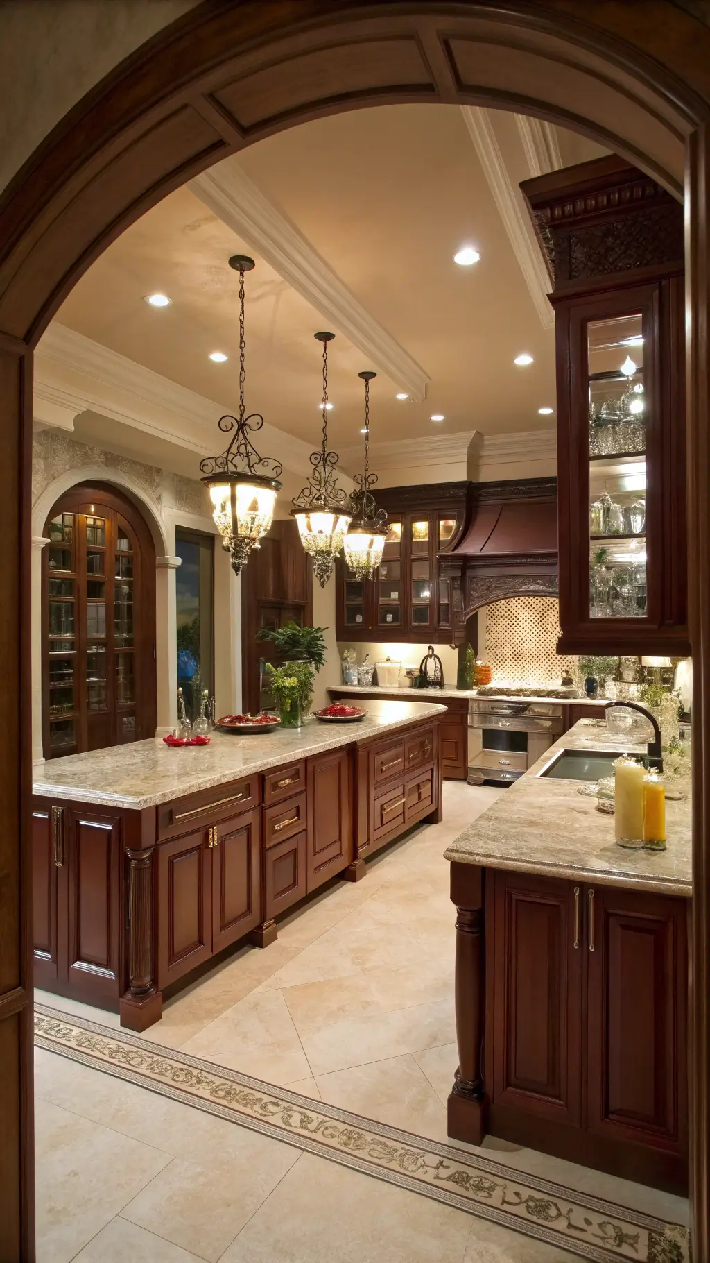 Luxurious 20x24ft chef's kitchen in the evening with layered lighting, floor-to-ceiling cherry cabinets, dual marble islands, styled with fine china and cookware. Shot from an arched entrance displaying the grandeur.