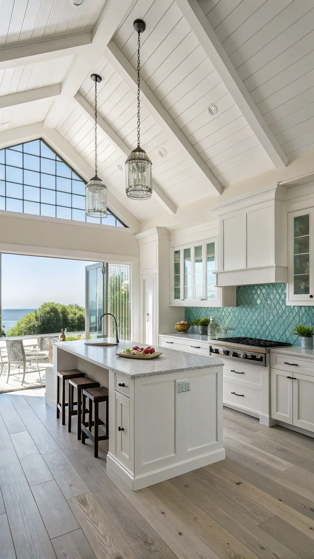 Bright, spacious contemporary coastal kitchen featuring white shaker cabinets, black window frames, a matching island, and a textured glass backsplash with a wave pattern. Light oak flooring, natural styling elements like driftwood, sea glass, and white coral can also be seen.