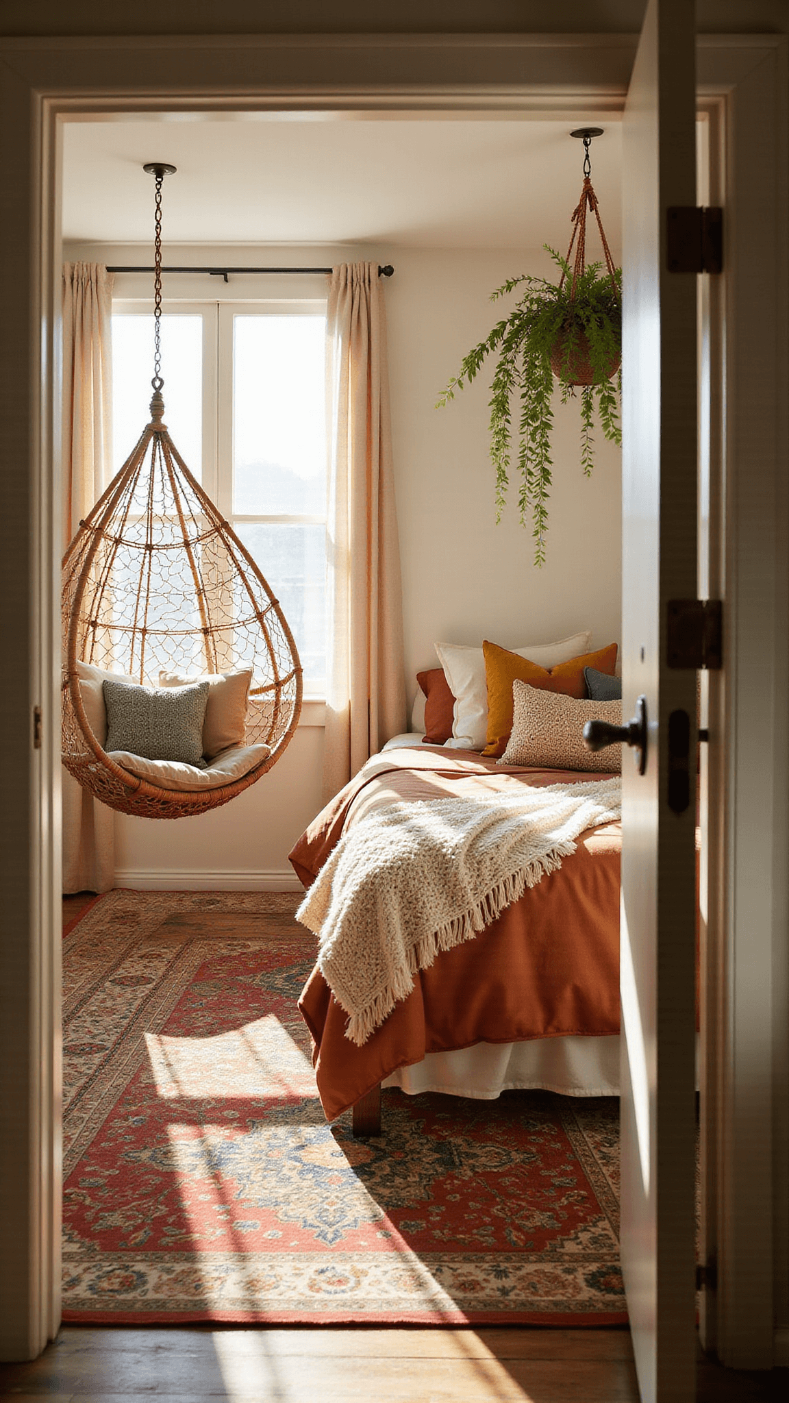 Boho teen bedroom bathed in golden hour light, featuring rattan hanging chair, layered queen bed with rust and cream textiles, vintage rug, and trailing plants.