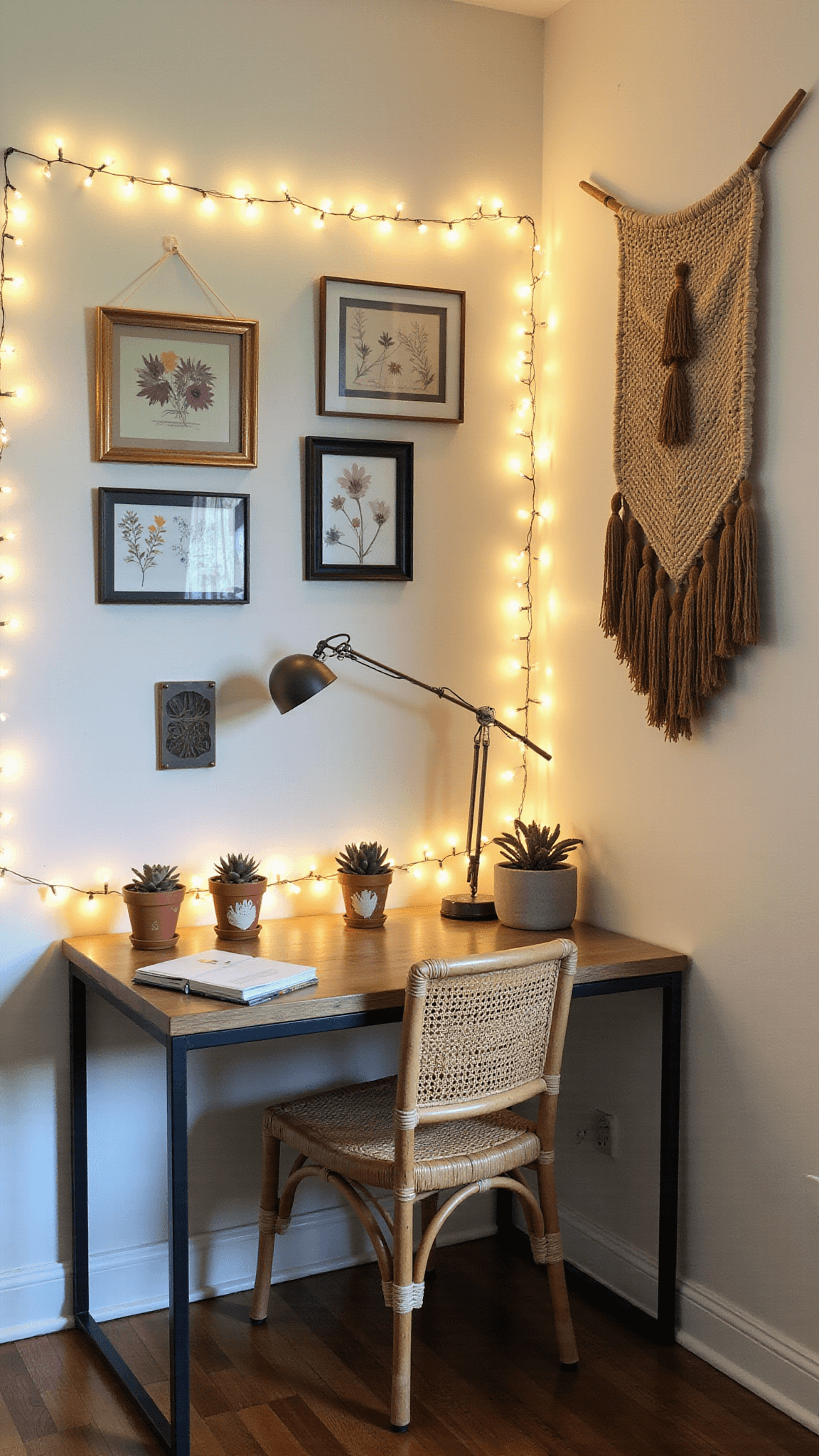 Boho teen workspace with DIY floating desk, rattan chair, terracotta pots with succulents, vintage gold-framed pressed flowers, string lights bokeh, and woven wall hanging in soft morning light.