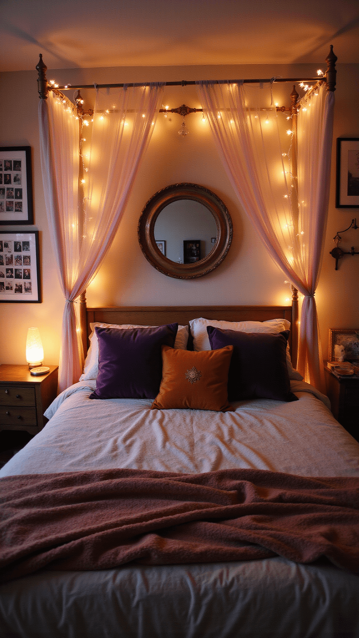 Low-angle dusk view of boho teen bedroom canopy bed with fairy lights, blush sheer fabric, layered bedding, and warm atmospheric lighting.