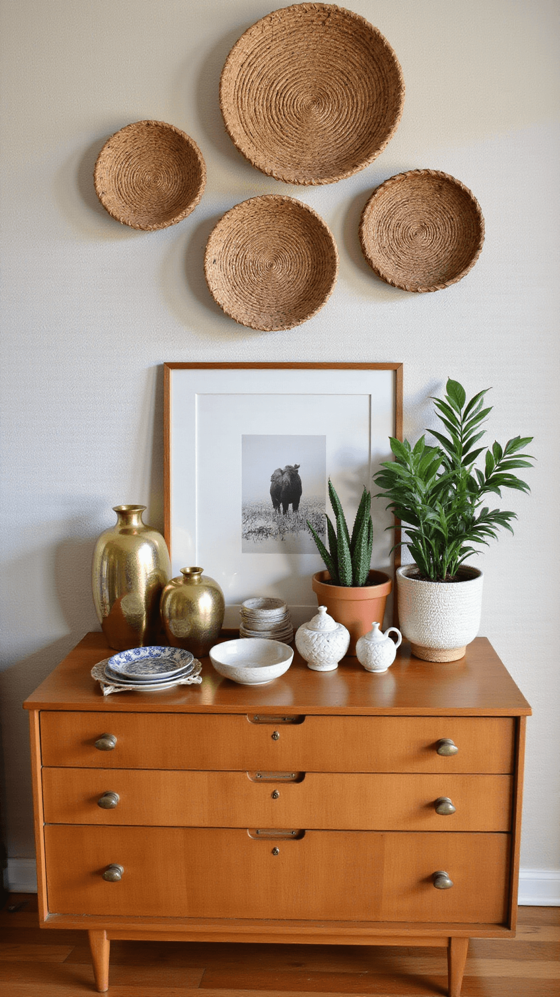 Mid-century modern boho storage corner with vintage dresser, brass and ceramic decor, air plants, and woven baskets on textured wallpaper background.