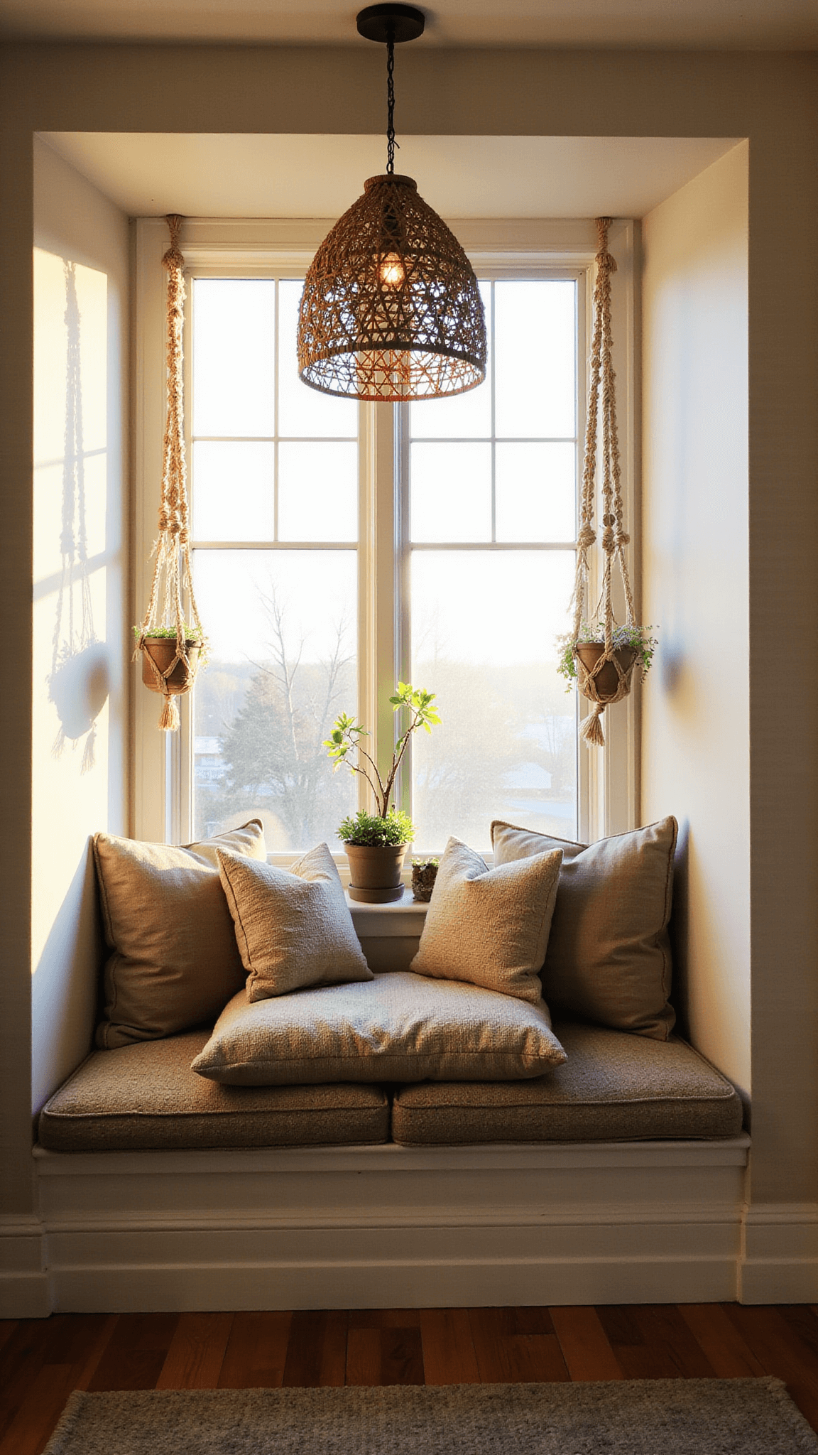 Cozy window seat with earth-toned cushions and mudcloth pillows, framed by macramé plant hangers and rattan pendant lamp, bathed in golden sunset light.