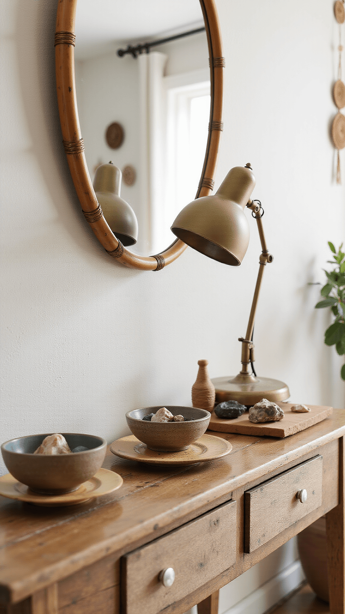 Boho vanity detail with bamboo mirror, reclaimed wood console, ceramic dishes of crystals and jewelry, woven wall hangings, and brass lamp in soft morning light.