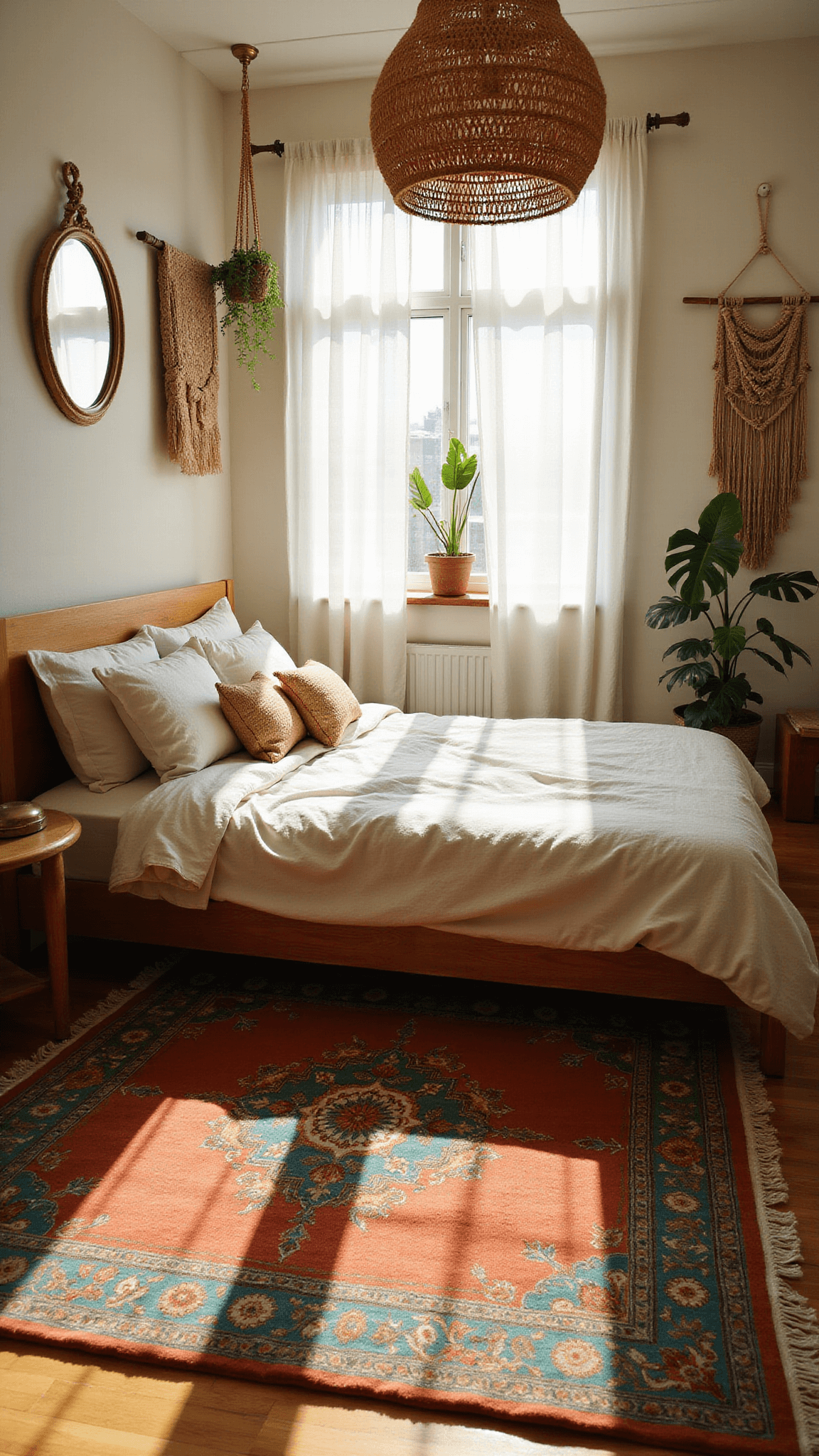 Boho bedroom at golden hour with light filtering through white curtains, highlighting a Persian rug, linen-dressed platform bed, jute rug, rattan pendant, macramé wall hanging, brass mirrors, and monstera plant.