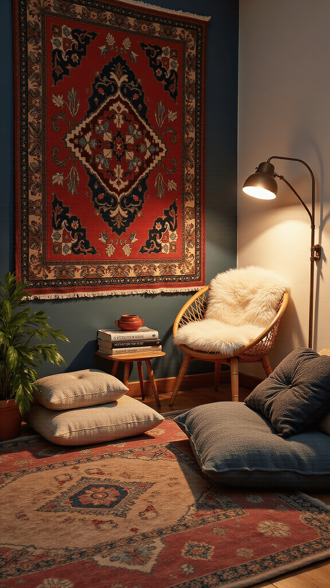 Cozy reading nook in a 10x12ft bedroom corner with layered vintage rugs, rattan peacock chair, sheepskin throw, brass floor lamp, trailing plants, and floor cushions during blue hour.