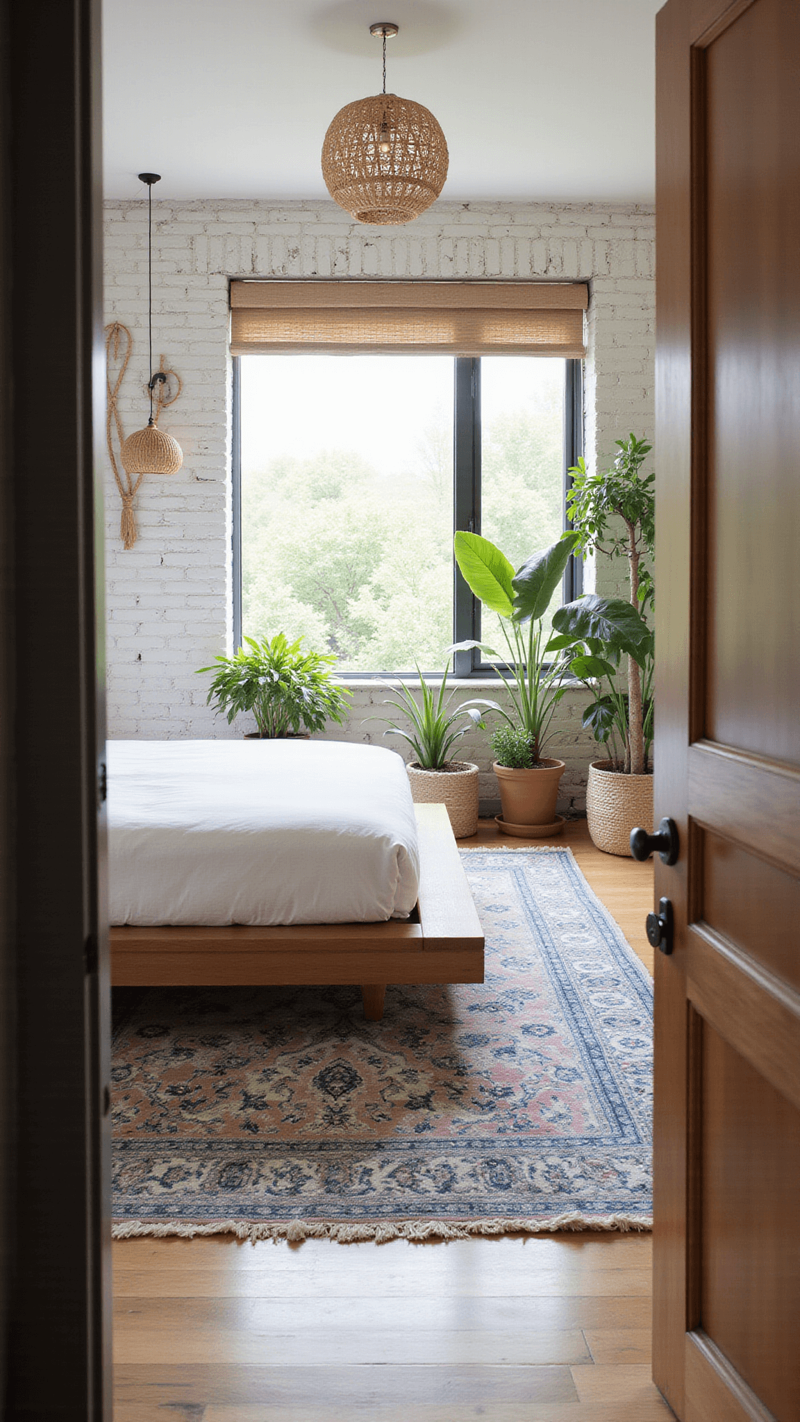 Bright 16x18ft bedroom with queen bed on layered rugs, whitewashed brick wall, rattan lights, and trailing plants.