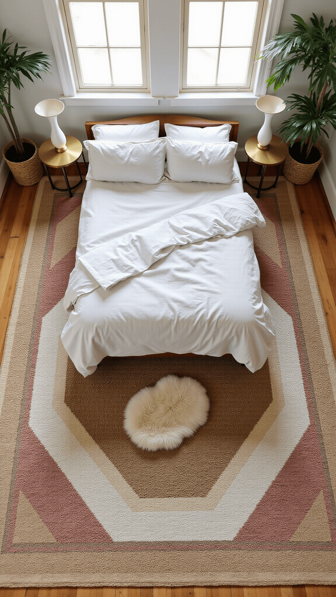 Overhead view of sunlit bedroom with layered rugs, low bed in rumpled linen, brass tables, ceramic lamps, and potted palms in corners.