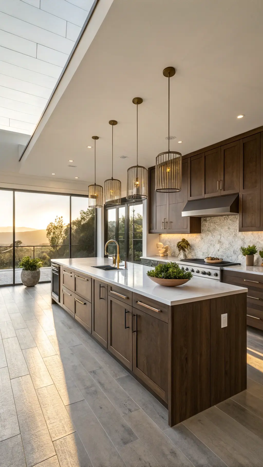 Modern kitchen with espresso-brown cabinets, white quartz island, and golden hour sunlight streaming through tall windows onto white oak floors.