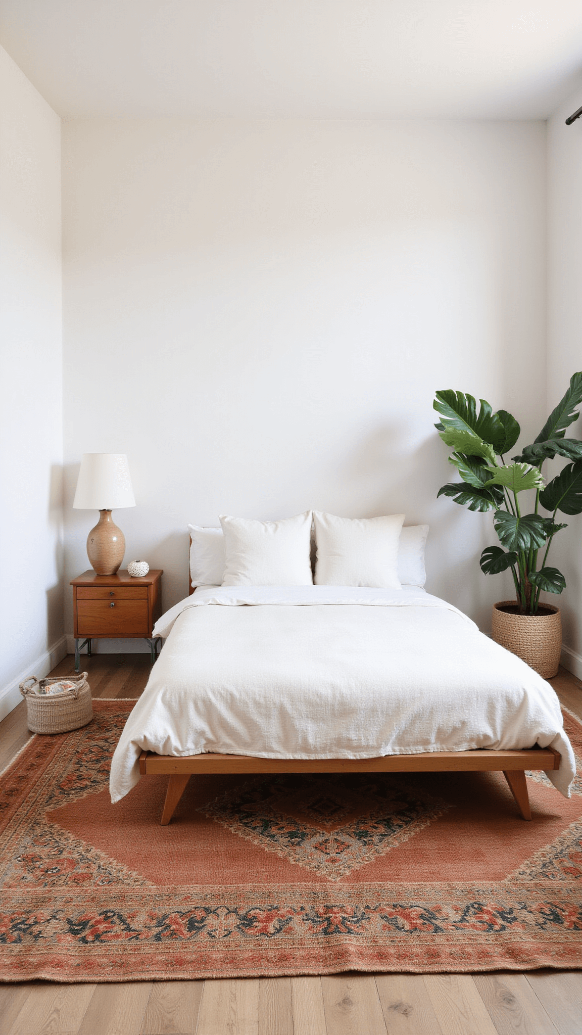 Minimalist 12x14ft bedroom with platform bed, layered rugs, rattan bench, ceramic lamp, and monstera plant in soft morning light.