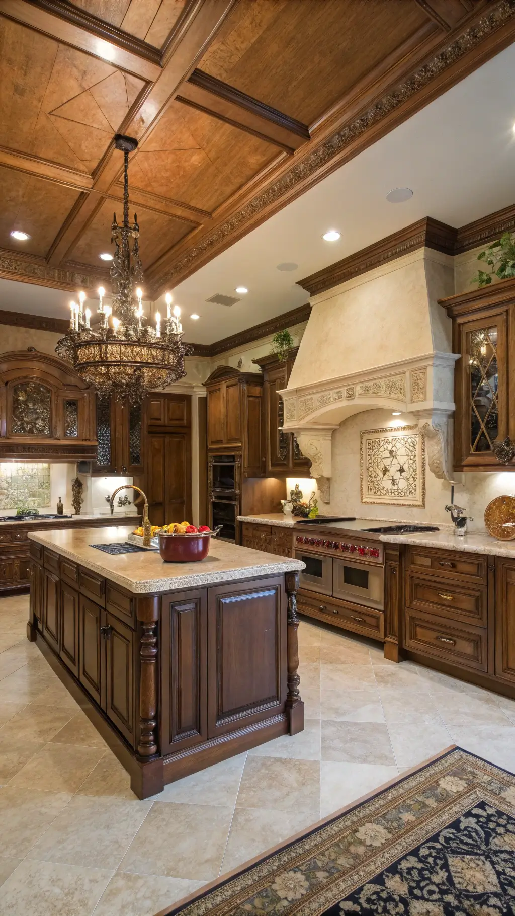 Low-angle view of classic brown cabinet kitchen with tray ceiling, warm lighting, cream marble countertops, copper cookware, and Persian runner.