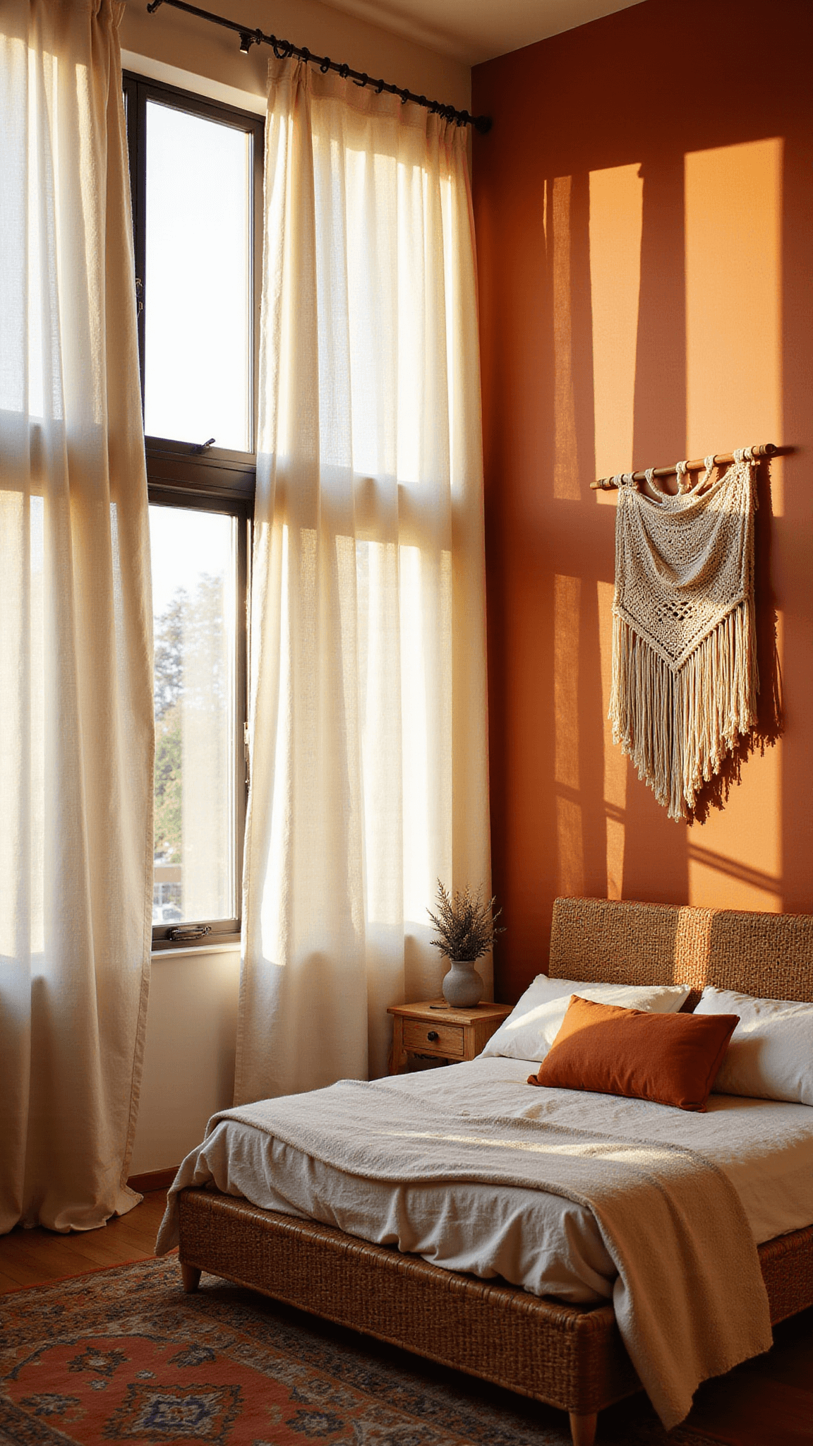 Bohemian bedroom with rattan bed and layered terra cotta curtains lit by golden hour sun through floor-to-ceiling windows.