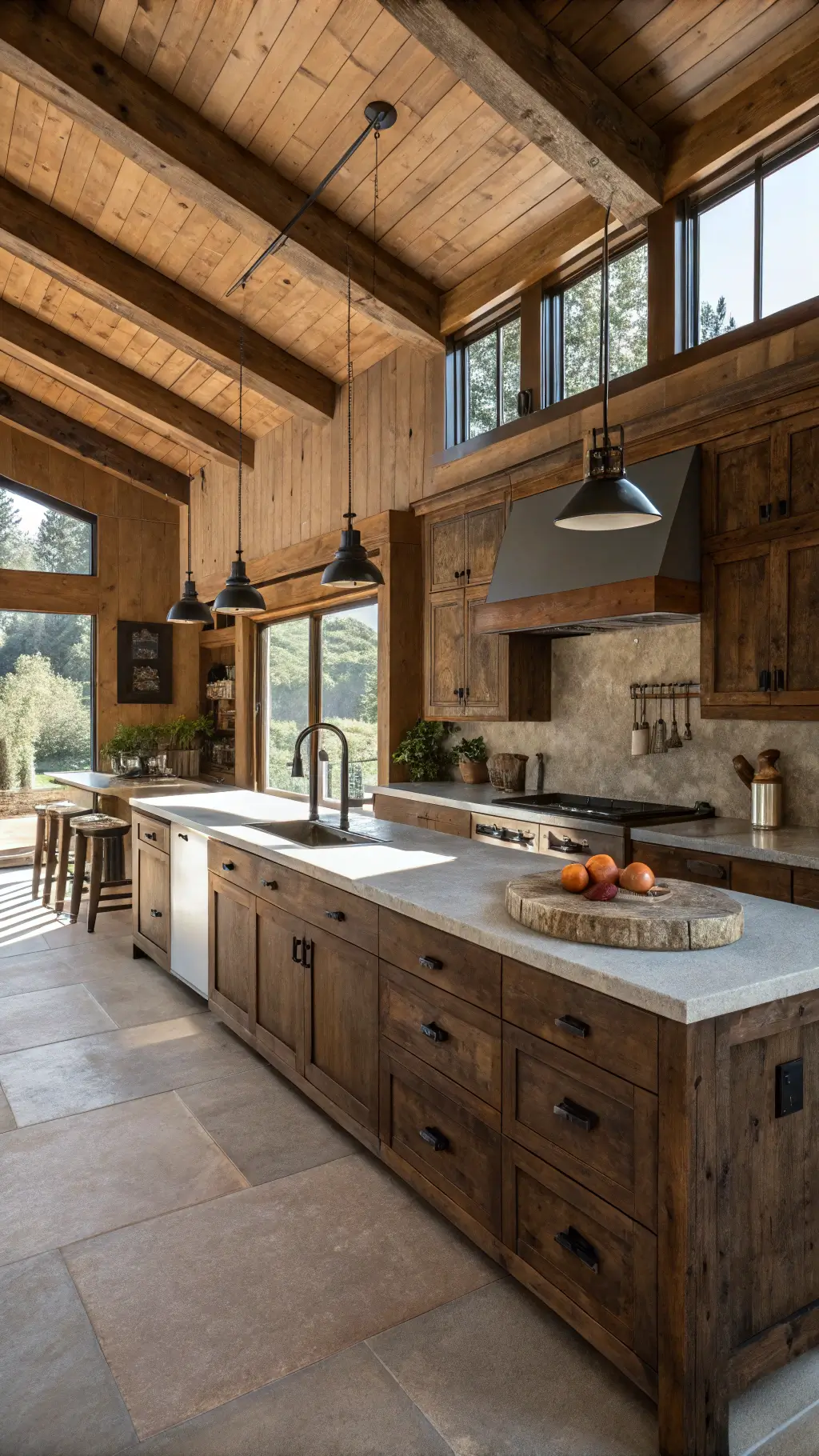 Rustic-modern brown kitchen with exposed beams, distressed alder cabinets, concrete countertops, and vintage décor in natural morning light.