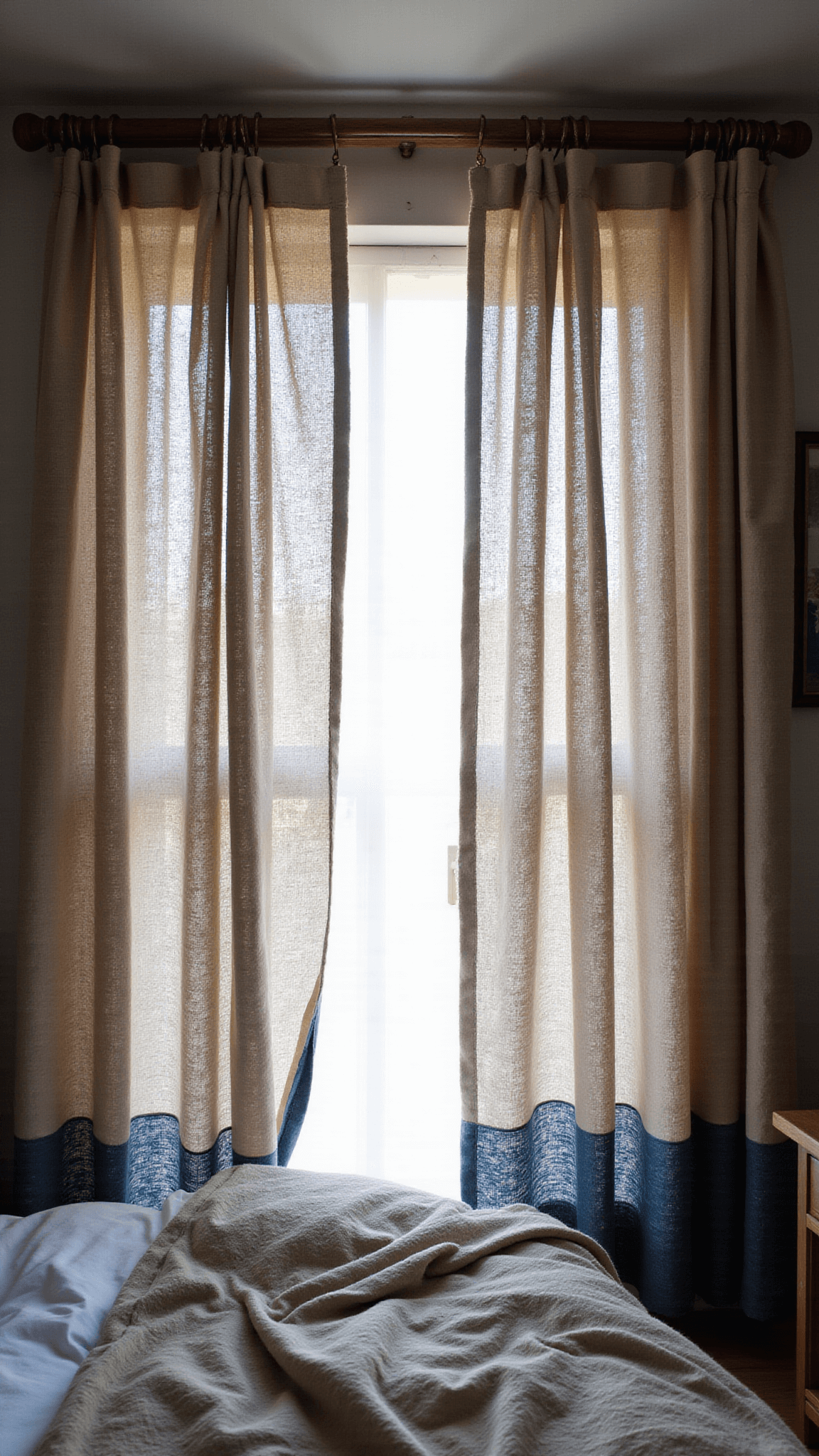 Wide-angle view of cozy 12x14ft bedroom at blue hour with chunky wooden curtain rod, beige hemp curtains with indigo patterns, ethereal light through gauzy underlayer, brass accents, and mid-century modern bed with layered textiles.