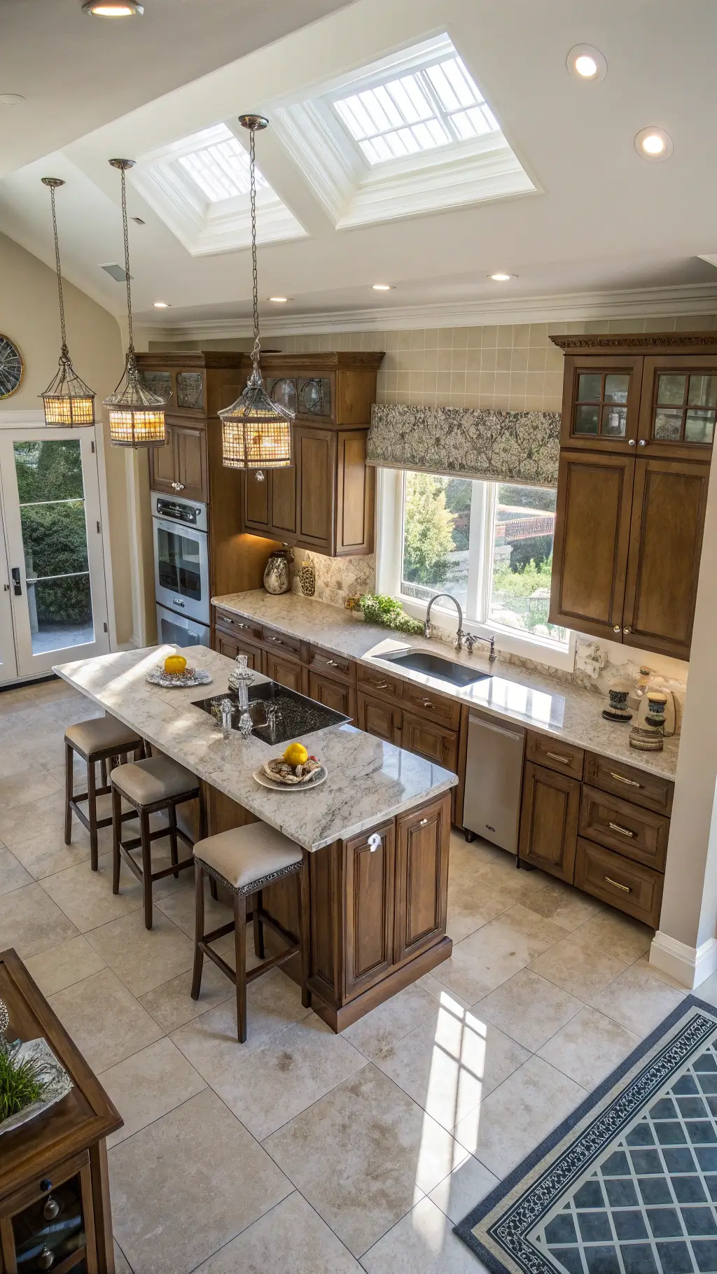 Elevated view of open-concept kitchen with medium-brown maple cabinets, white oak island, marble hex tile backsplash, and chinoiserie accents in filtered afternoon light.