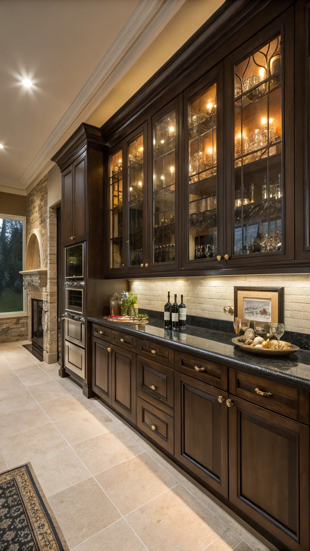 Luxury dark brown chef's kitchen with floor-to-ceiling cabinets, black granite counters, brass fixtures, and copper range hood under dramatic evening lighting.