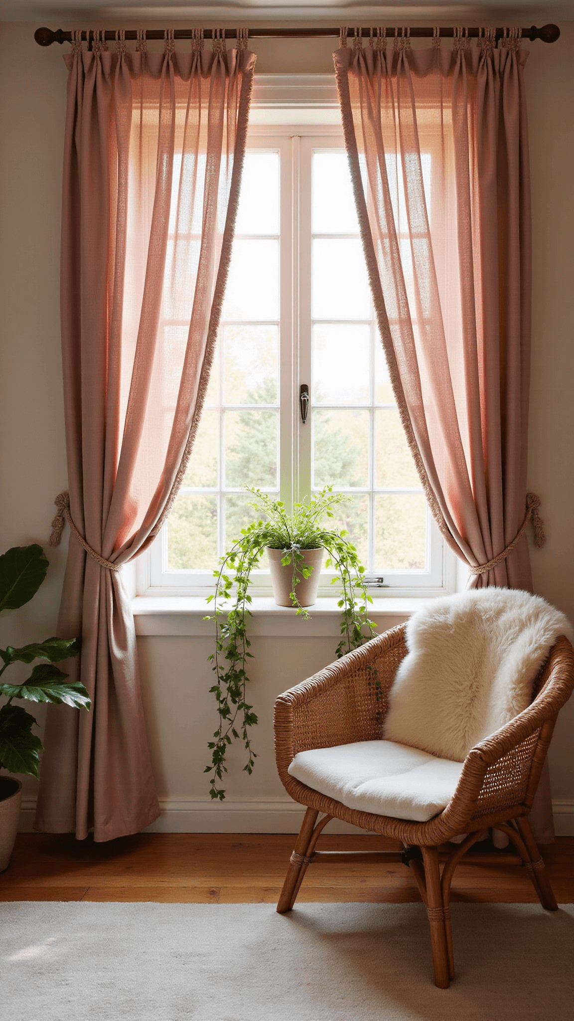 Reading nook in sunset-lit master bedroom with blush pink floral curtains, macramé ties, rattan peacock chair, and trailing plants in soft, romantic focus.
