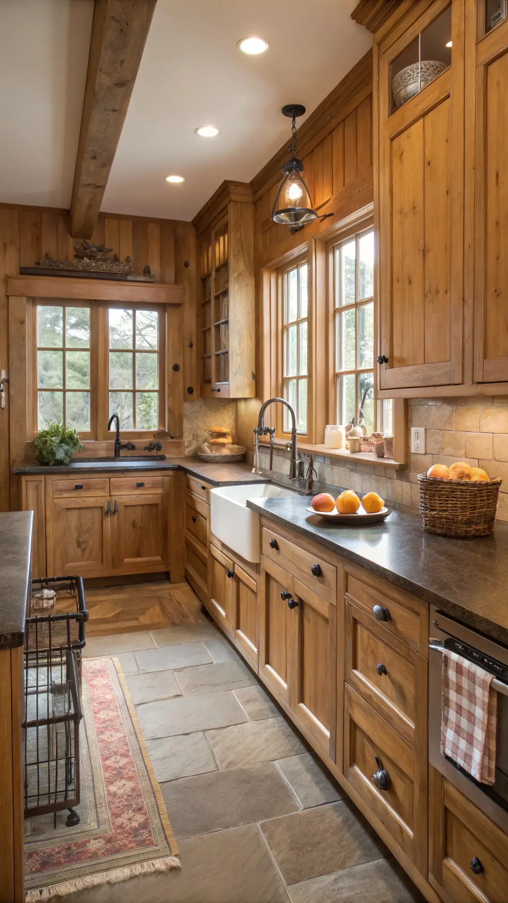 Warm country kitchen with honey brown knotty alder cabinets, farmhouse sink, soapstone counters, and morning light streaming through mullioned windows.