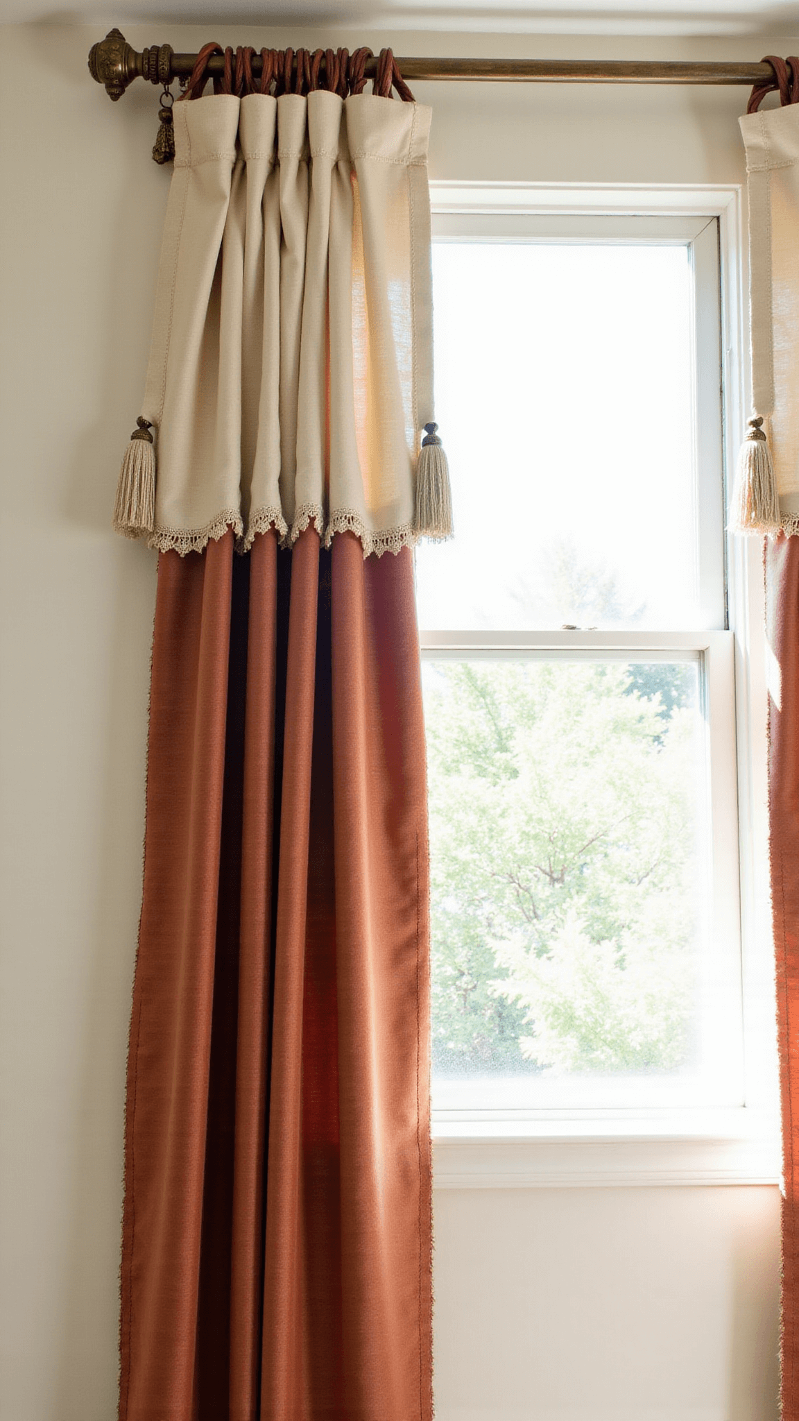 Layered window treatment with sheer cream linen, dusty rose cotton, and rust velvet curtains on an ornate brass rod, accented by vintage tassels and wooden tie-backs, in soft afternoon light.