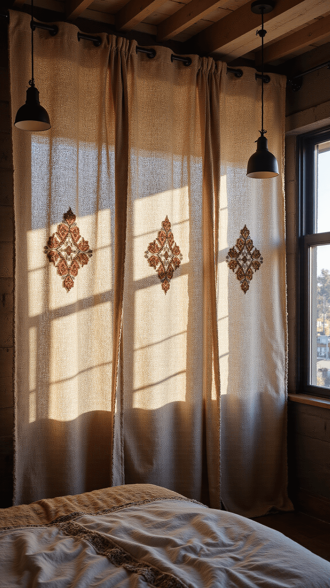 Loft-style bedroom with tall hemp curtains dividing space, embroidered in geometric earth-tone patterns, lit by pendant lights casting dramatic shadows.