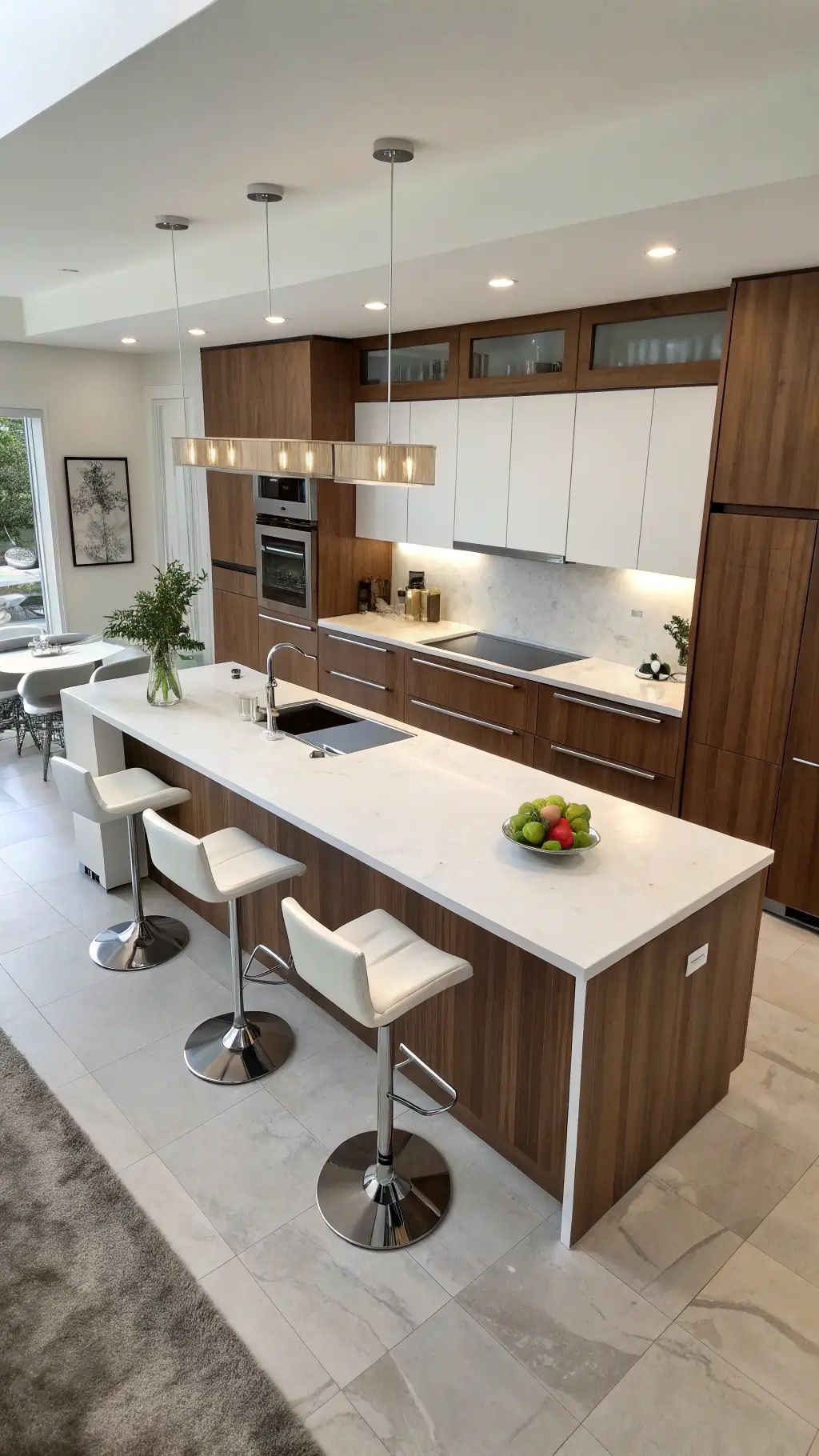 Bird's eye view of modern 18x24ft kitchen with walnut cabinets, white upper cubes, Corian waterfall island, and acrylic barstools in neutral lighting.