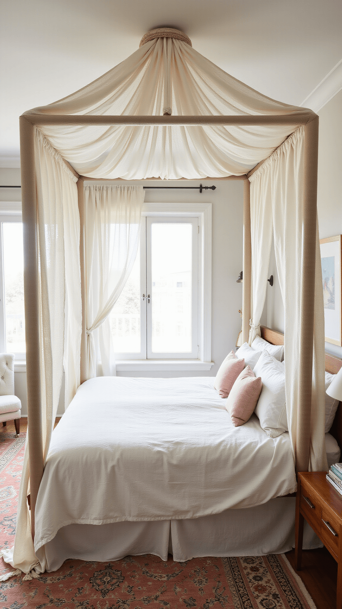 Dreamy canopy bed with sheer white curtains and morning light, vintage rug in muted rose and copper, airy soft-focus atmosphere.
