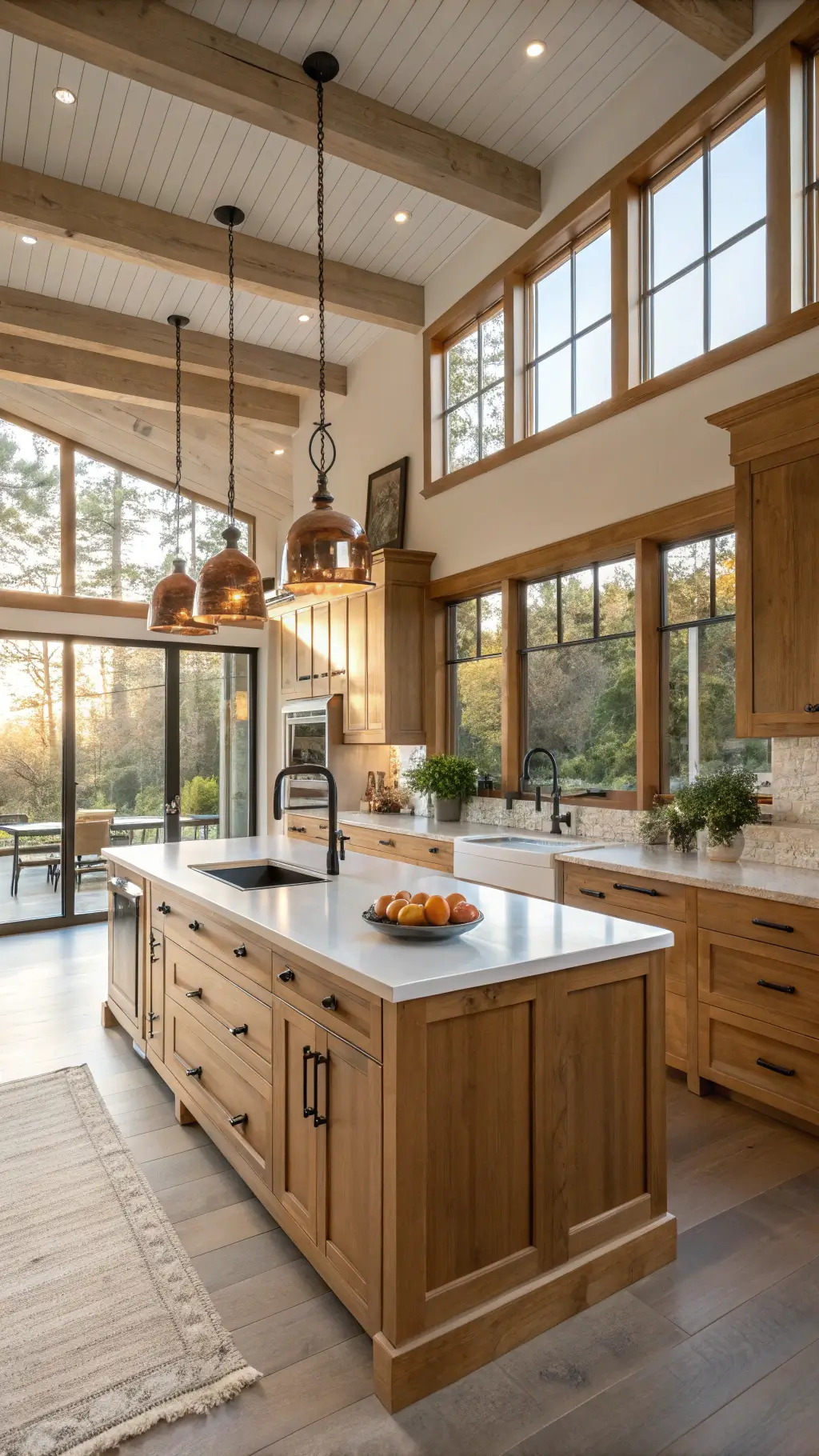 Modern farmhouse kitchen with oak cabinets, central island, copper pendant lights, and warm golden-hour lighting through west-facing windows.