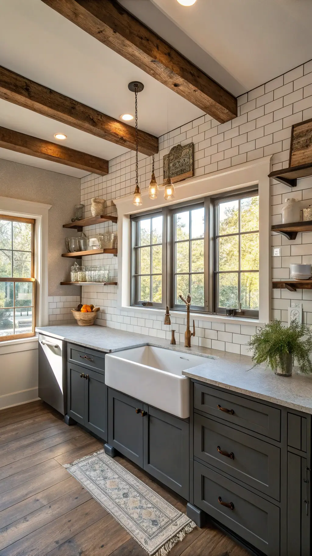 Spacious 14x18ft farmhouse fusion kitchen with Iron Ore lower cabinets, open white oak shelves, white subway tile backsplash, large hammered copper sink, and vintage runner. Natural sunlight streaming through mullioned windows onto reclaimed barn wood beams and Champagne bronze accents.