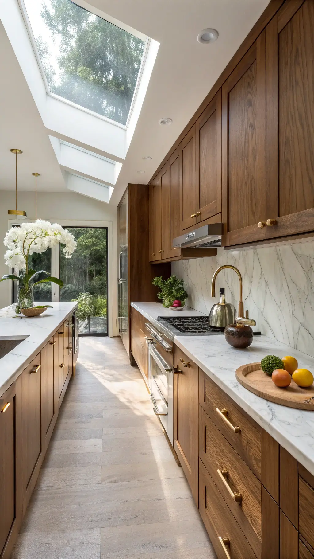 Bright midday shot of intimate 12x15ft galley kitchen with restored walnut cabinets, marble countertops, modern brass hardware, and natural light from skylight highlighting rich wood grains and minimalist decor elements.