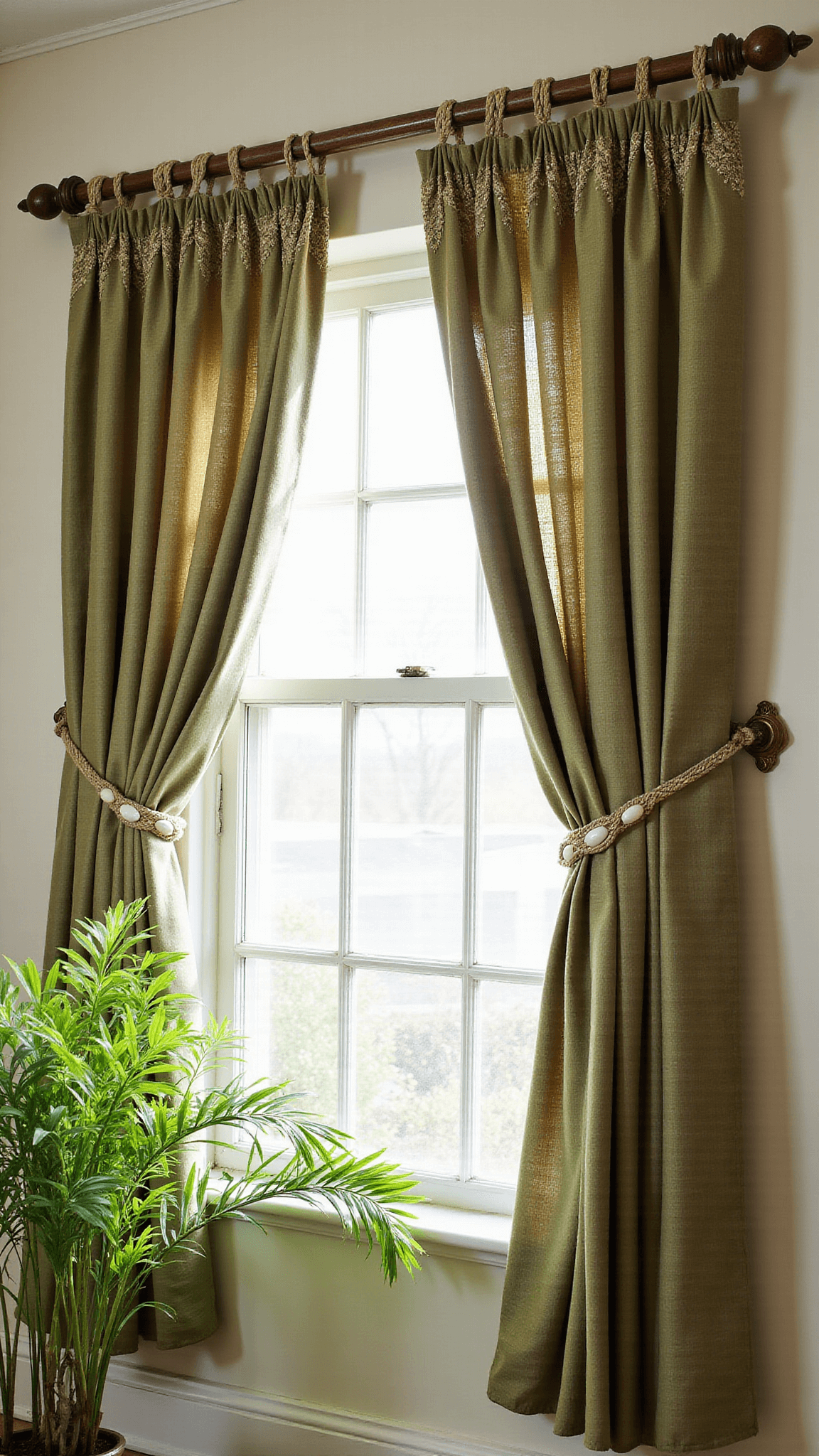Close-up of olive green embroidered curtains with brass and shell details, macramé layer, vintage wood rod, and trailing plants in afternoon light.