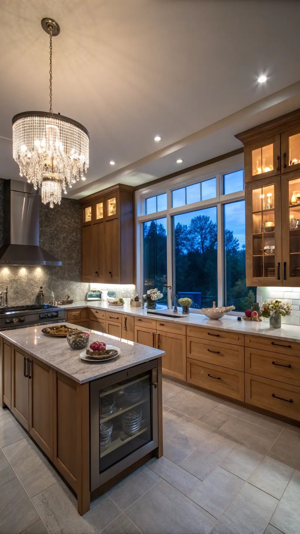 L-shaped kitchen at dusk with maple cabinets, granite counters, crystal chandelier, and ambient lighting.
