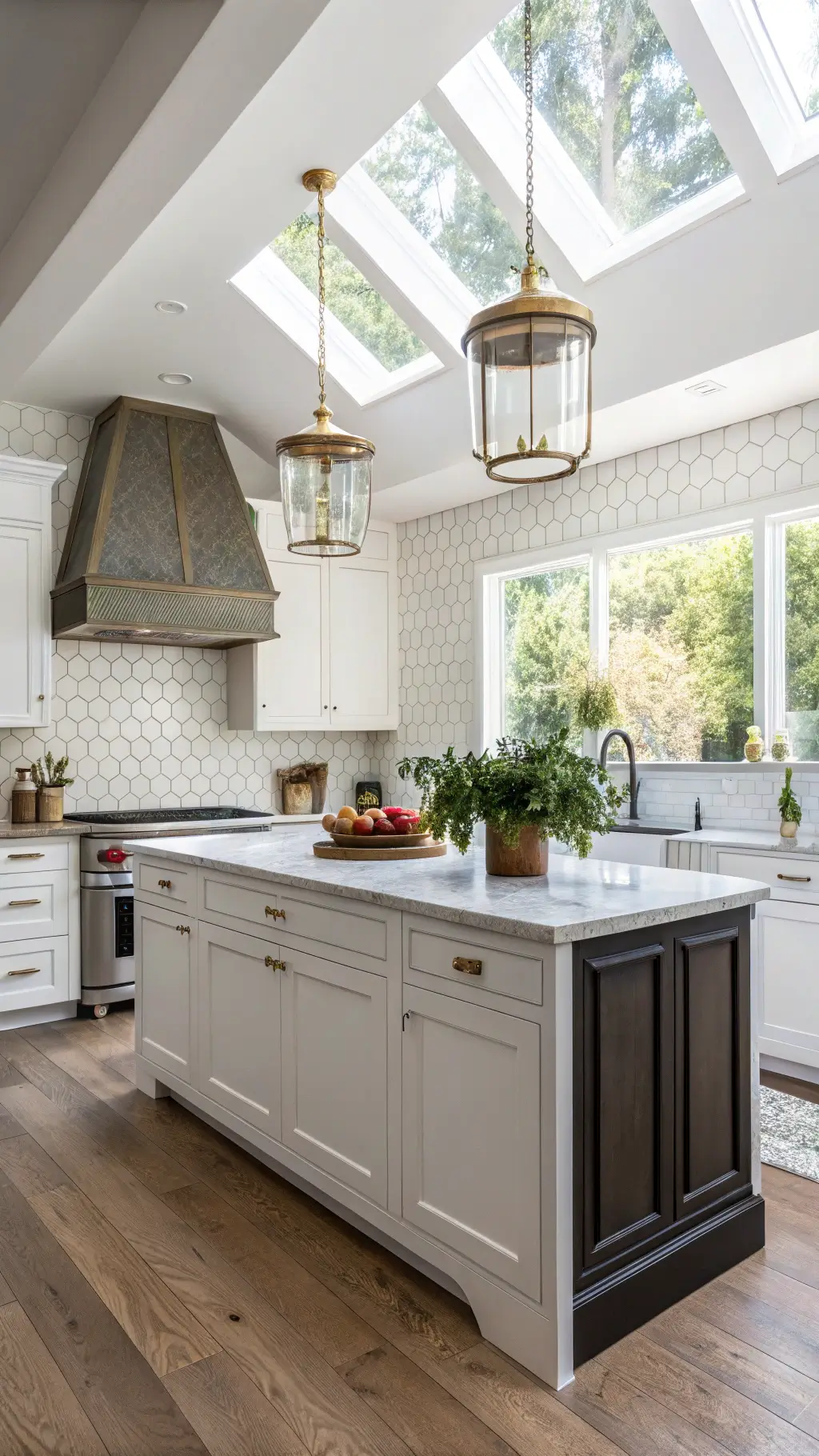 Spacious transitional bright kitchen with Iron Ore island, white cabinets, marble hexagon backsplash, brass pendant lights, fresh herbs in terracotta pots and abundant natural light from skylight.