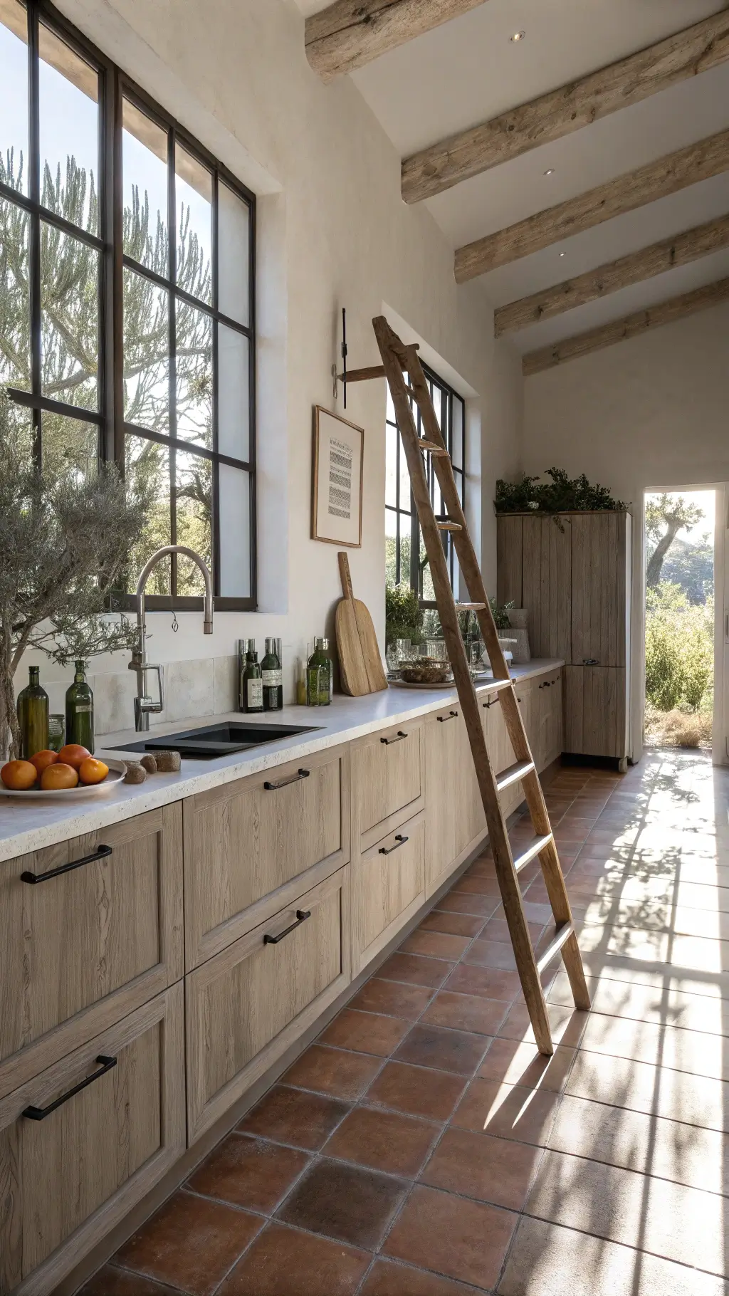 Sunlit kitchen with whitewashed oak cabinets, concrete countertops, and Mediterranean decor, viewed from above with dramatic morning shadows and terracotta tile flooring.