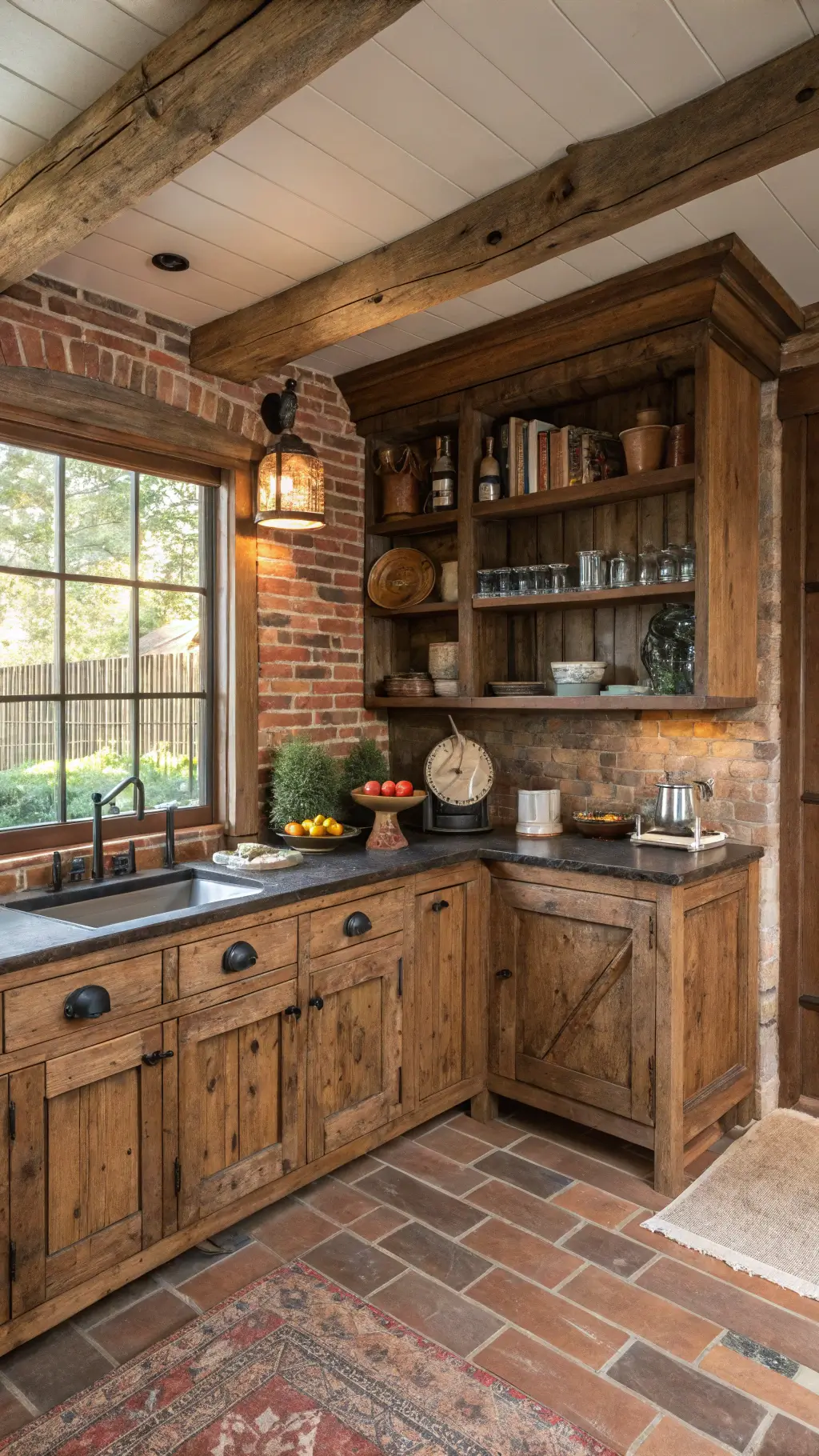 Cozy cottage kitchen with reclaimed wood cabinets, soapstone counters, and vintage decor in golden hour lighting.