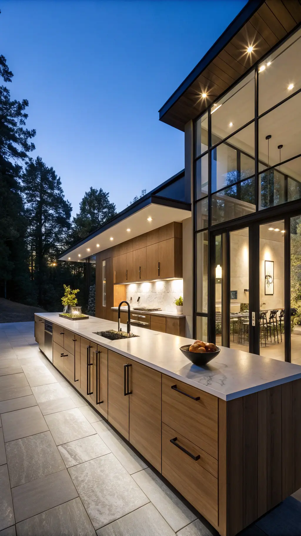 Modern 16x20ft kitchen with quarter-sawn oak cabinets, white quartz waterfall island, and ambient LED lighting at blue hour.